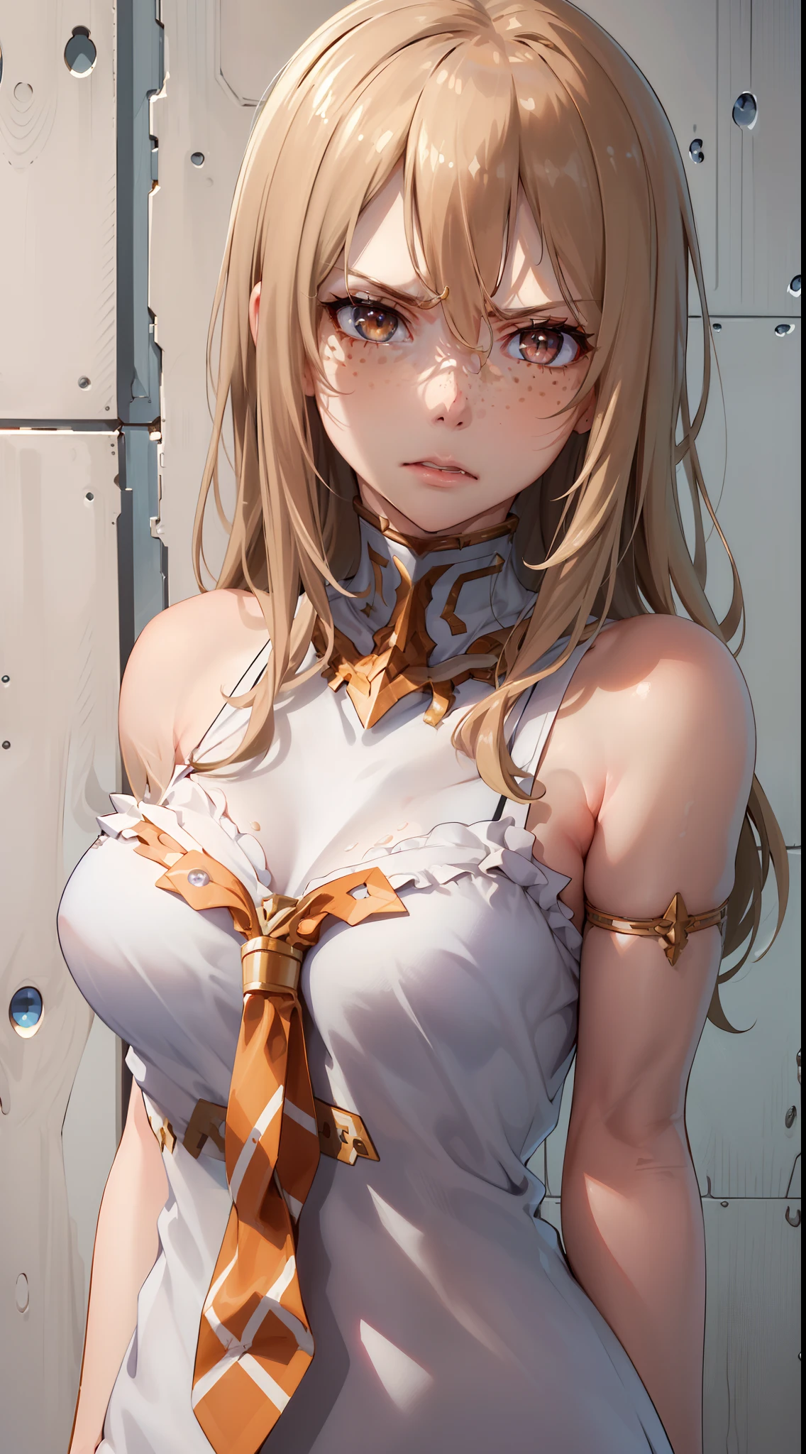 (best quality, highres, masterpiece:1.2), aoki1, brown eyes, freckles, standing, healthy skin, detailed lips, detailed eyes, long eyelashes, expressive face, medium breasts, upper body, ((disdain, disgust)), soft lighting, vibrant colors, simple and, cum on face, (((enslaved))).