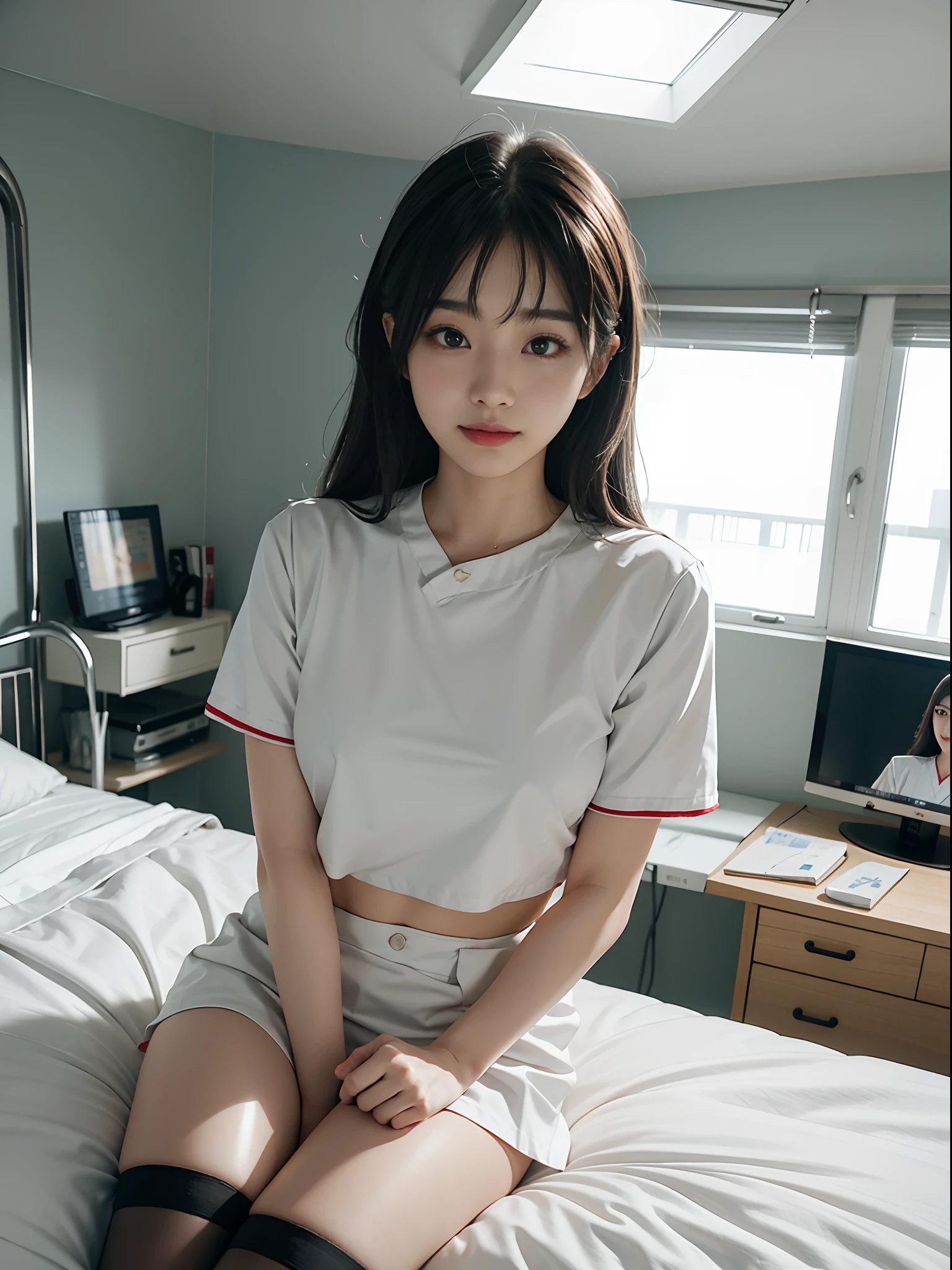 Nurse in nursing uniform in hospital room、Black stockings、Big、Korean Idols、Live action、Sauce order、Asian woman smiling at Alafe,、Young Pretty Gravure Idol, Young skinny gravure idol, Realistic Young Gravure Idol, Young Sensual Gravure Idol, Japanese Models, Shot with Canon EOA 6 D Mark II, taken with canon eos 5 d mark iv, Young Gravure Idol, Hot with shining sun