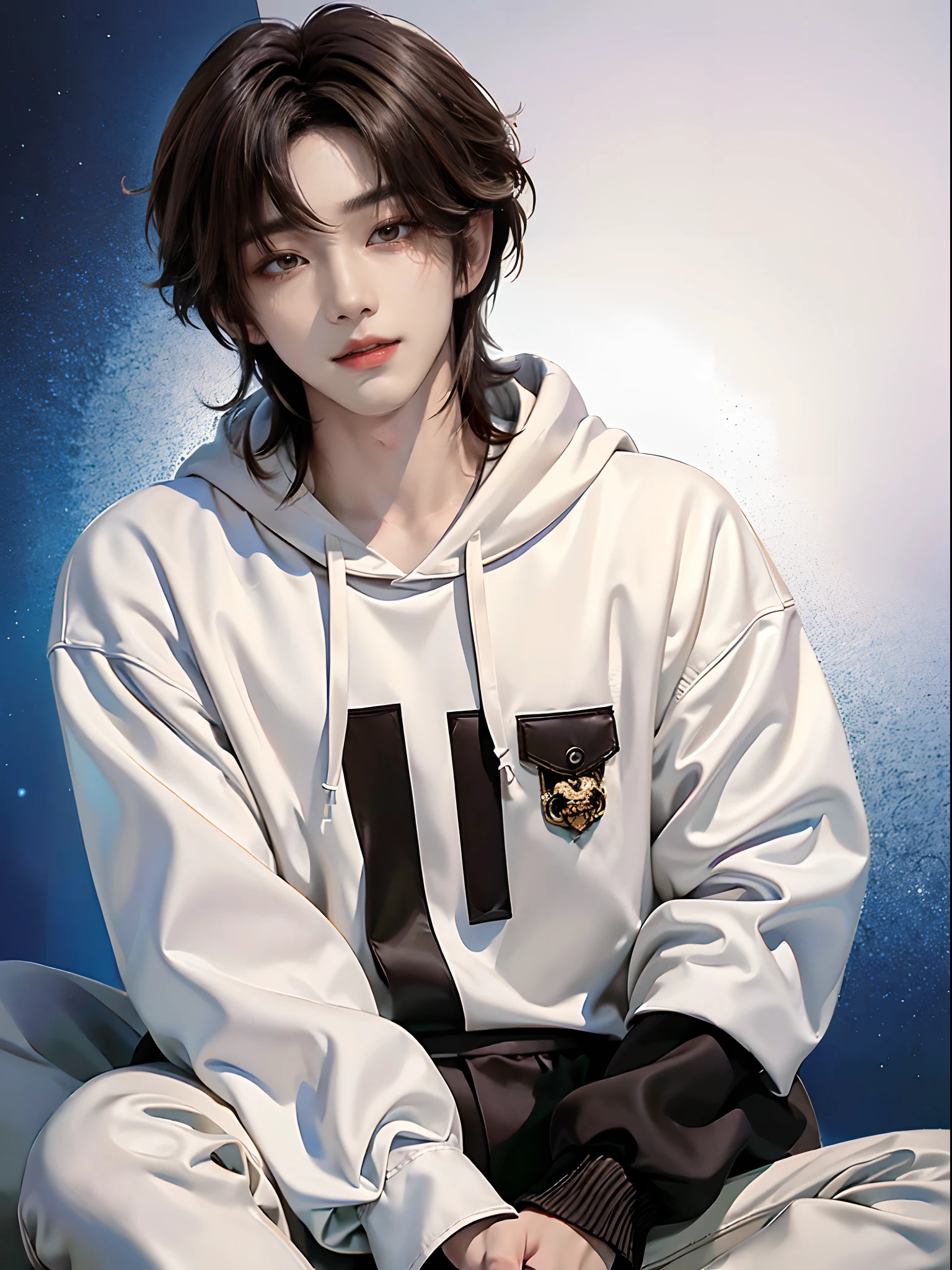 ((4K works))、masterpiece、(top-quality)、((high-level image quality))、Happiness、((One Manly Boy))、K-pop idol photos、Slim body、((Stylish black hoodie and white pants))、(Detailed beautiful eyes)、Stylish city view on background、Face similar to Chaewon in Ruseraphim、((short hair above the ears))、((Smaller face))、((Neutral face))、((Light brown eyes))、((Korean boy))、((18year old))、((Handsome man))、((Gentle smile))、((Korean Makeup))、((elongated and sharp eyes))、((Zoom up to face))、((Face enhancement))、((Focus zoom in))、((MV shooting))、((Photos of only one person))、Professional Photos
