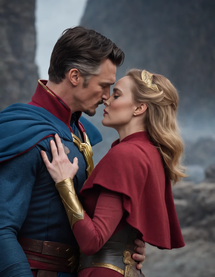 (Best quality, 8K, Masterpiece :1.3), Dr Strange Kiss Captain Marvel, romantic background.