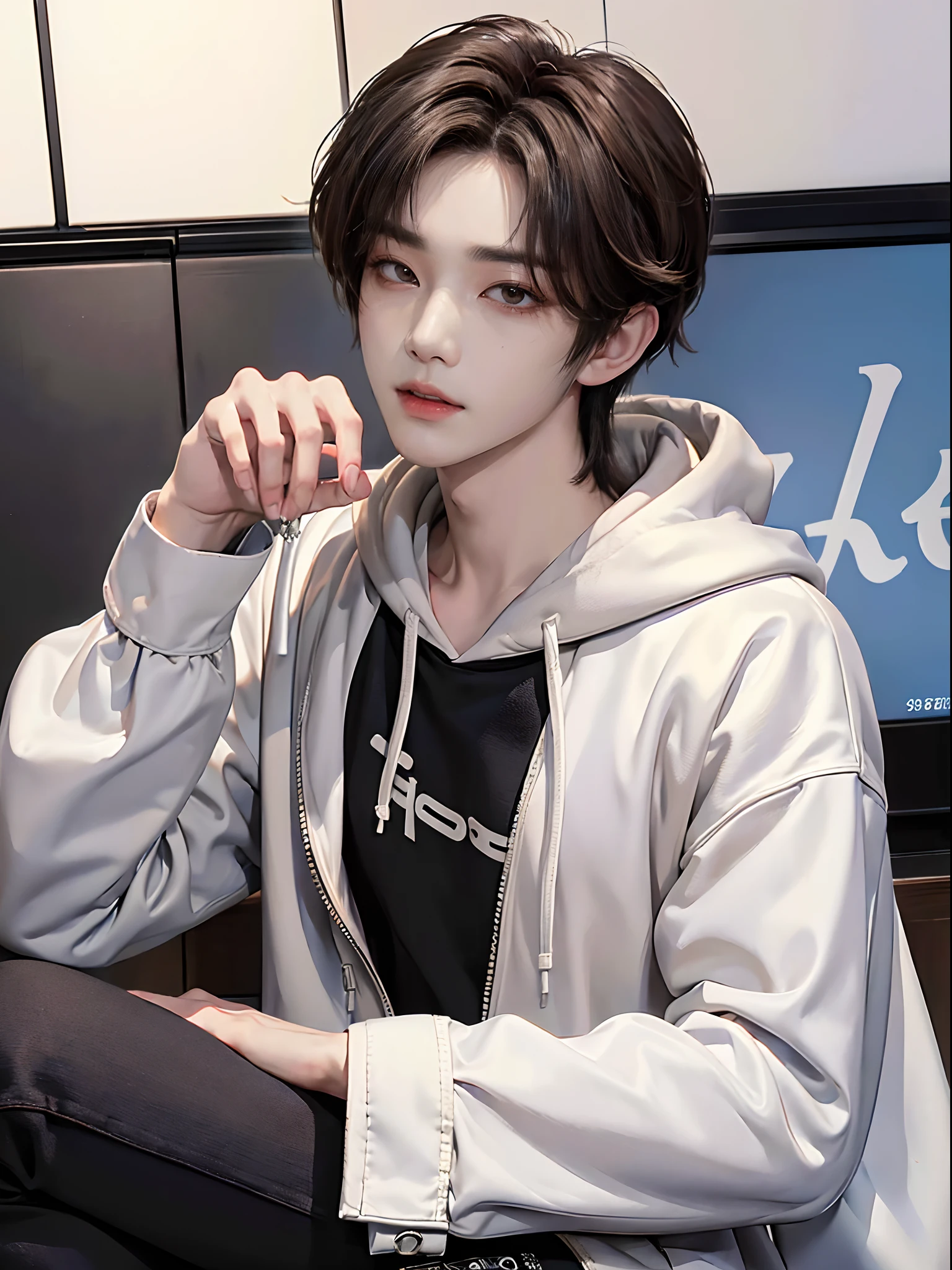 ((4K works))、masterpiece、(top-quality)、((high-level image quality))、Happiness、((One Manly Boy))、K-pop idol photos、Slim body、((Stylish black hoodie and white pants))、(Detailed beautiful eyes)、Amazing city view in the background、On the way to work、Face similar to Chaewon in Ruseraphim、((short hair above the ears))、((Smaller face))、((Neutral face))、((Light brown eyes))、((Korean boy))、((18year old))、((Handsome man))、((Gentle smile))、((Korean Makeup))、((elongated and sharp eyes))、((Zoom up to face))、((Face enhancement))、((Focus zoom in))、((Walk in front))、((Photos of only one person))、Professional Photos