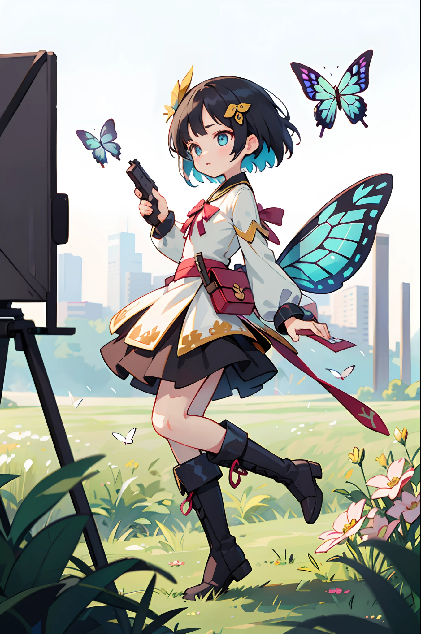 Octane Render、(Hyper-detailing: 1.15)、cinematic lightening、Taken from the side、Cute Fantasy Princess、Handgun shooting practice、Fine Pattern Pistol,long boots、ultradetailed eyes、Full Paint、(Floral hair ornament、butterfly hair ornament)、masutepiece、Anatomically correct、blur、depth of fields