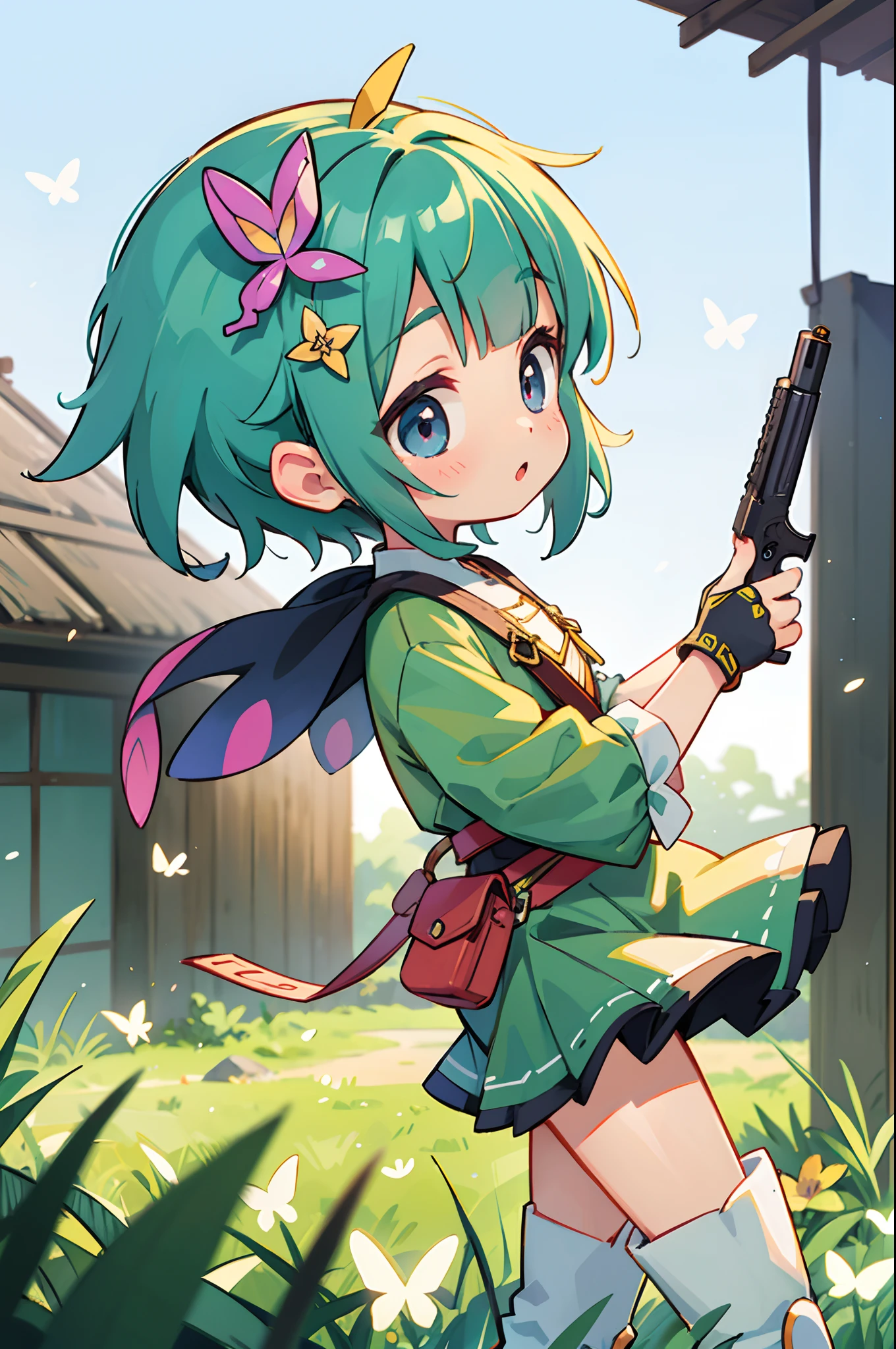 Octane Render、(Hyper-detailing: 1.15)、cinematic lightening、Taken from the side、Cute Fantasy Princess、Handgun shooting practice、Fine Pattern Pistol,long boots、ultradetailed eyes、Full Paint、(Floral hair ornament、butterfly hair ornament)、masutepiece、Anatomically correct、blur、depth of fields