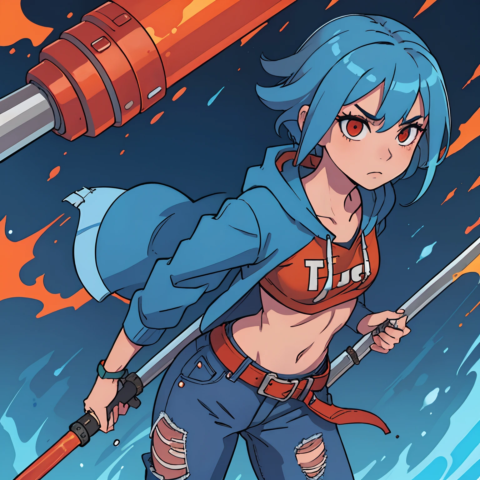 (1girl), (solo), blue hair girl, (high quality), slim body, orange hoodie, short hair, serious face, big red eyes, skirt jeans, red belt, holding a metal pipe as a weapon, high detailed