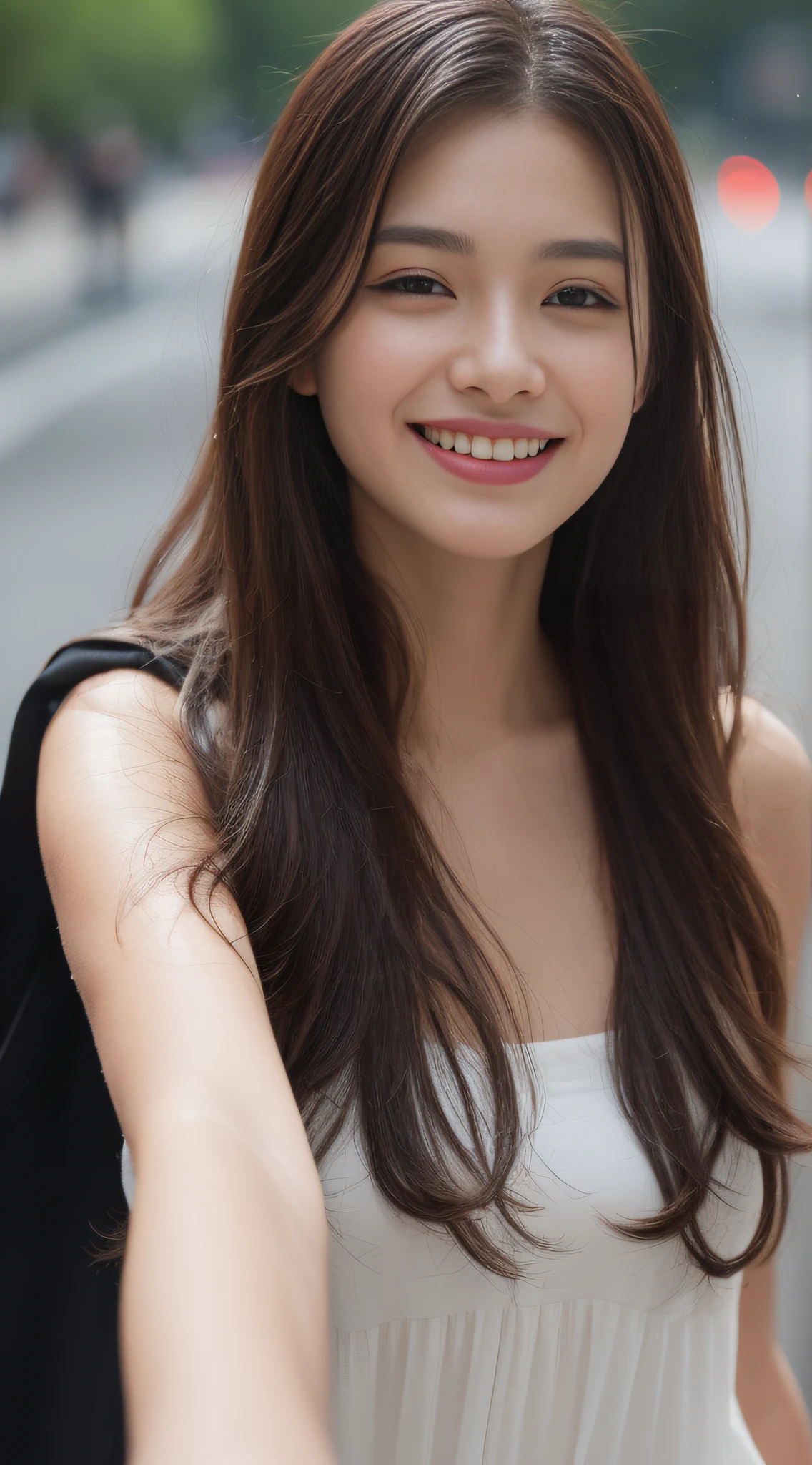 ((Day, Best Quality, 8K, Realistic)), Perfect body beauty: 1.4, Slender abs: 1.2, ((Long dark brown hairstyle: 1.1, Medium Breasts: 1.2)), (Bandeau dress: 1.1, Standing: 1.2), (Outdoor, Rain, Streets background: 1.3, Day light view: 1.1), (Wet hair: 1.2), Highly detailed face and skin texture, detailed eyes, double eyelids, seductive smile, half body camera view, selfie camera view, (Side face looking at the camera, Holding the camera: 1.2, Selfie: 1.2)