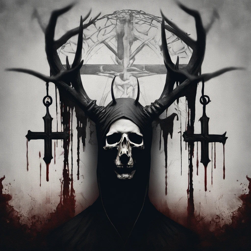 (a person wearing a black hooded robe and a satanic deer skull,a wax candle),(best quality,highres,gloomy,horror,satanic,dark color scheme),dimly lit background,gloomy atmosphere,flickering candle light,creepy vibes,detailed robe texture,dark and mysterious,haunting shadows,spooky aura,sinister expression in the eyes,subtle glow on the candle flame, cinematic camera angle, photo realistic, clear deer skull, highred deer skull, blood on deer skull, blood dripping, chains hanging from background, dark color scheme, satanic crosses in background, satanic alter, satanic crosses, upside down crosses, dark backdrop, summoning spirit, summoning, summon, chains hanging, black fog,