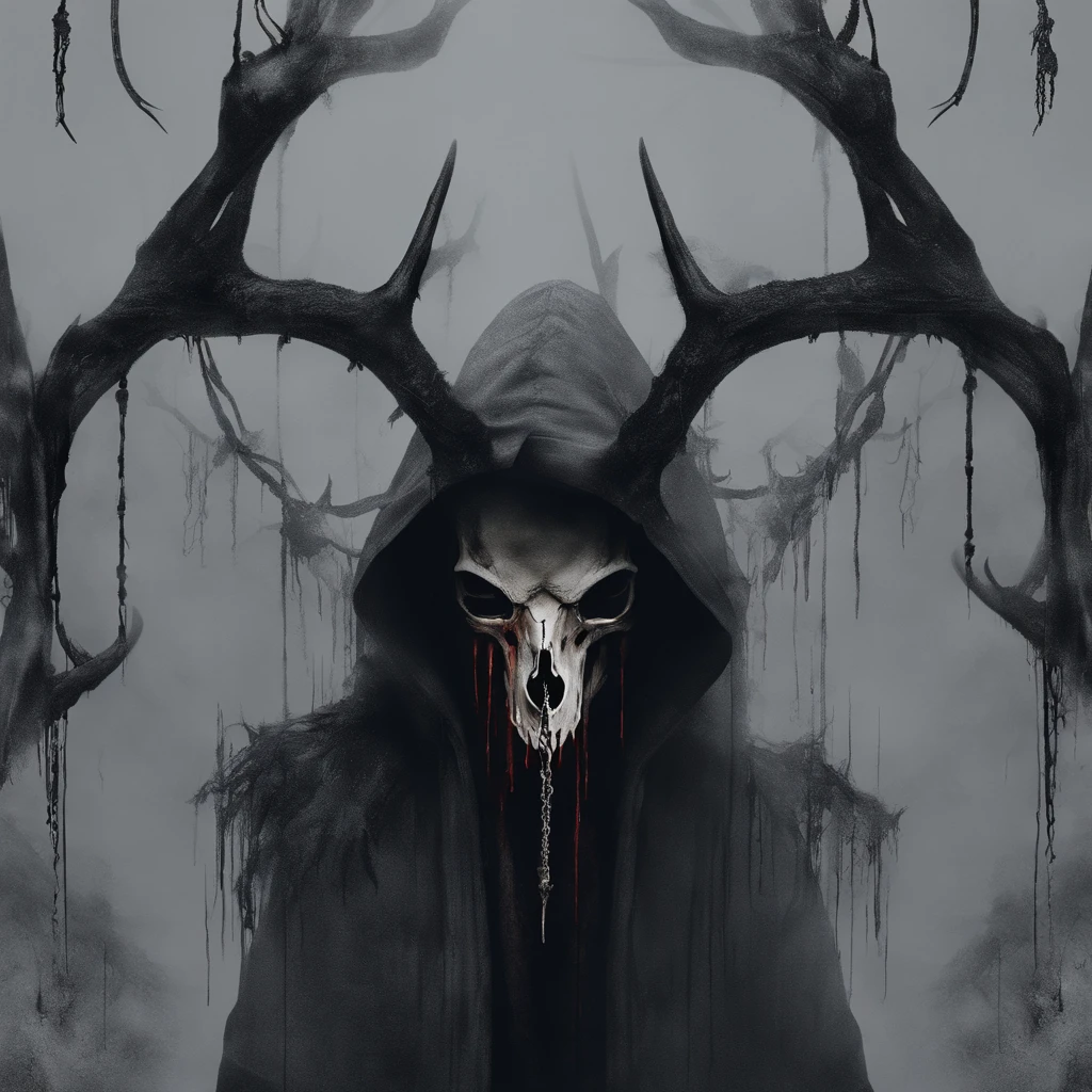 (a person wearing a black hooded robe and a satanic deer skull,a wax candle),(best quality,highres,gloomy,horror,satanic,dark color scheme),dimly lit background,gloomy atmosphere,flickering candle light,creepy vibes,detailed robe texture,dark and mysterious,haunting shadows,spooky aura,sinister expression in the eyes,subtle glow on the candle flame, cinematic camera angle, photo realistic, clear deer skull, highred deer skull, blood on deer skull, blood dripping, chains hanging from background, dark color scheme, satanic crosses in background, satanic alter, satanic crosses, upside down crosses, dark backdrop, summoning spirit, summoning, summon, chains hanging, black fog,