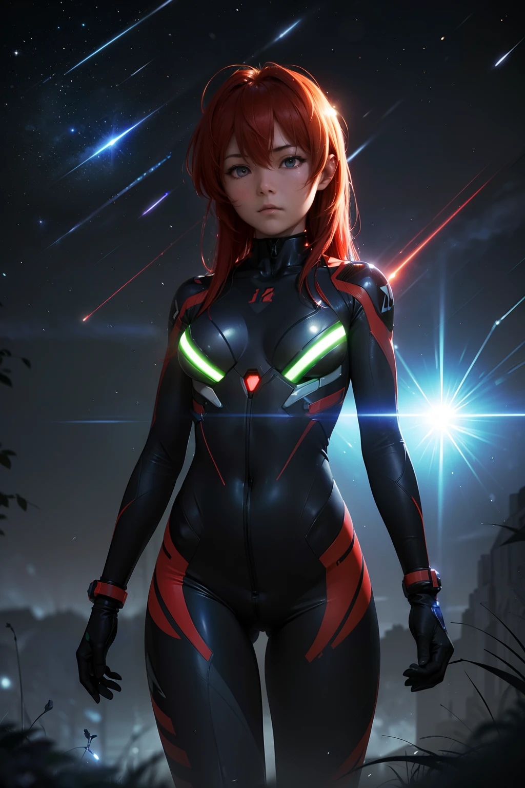 Asuka-Evangelion (((From face to the waist view::1. 4))), realistic skin texture, front view::1.0, in complex & hyper detailed sci-fi plugsuit (((wild glow effect))), panning photography::1, midnight hour illuminationr, (masterpiece), best quality, perfect pretty face, 8k