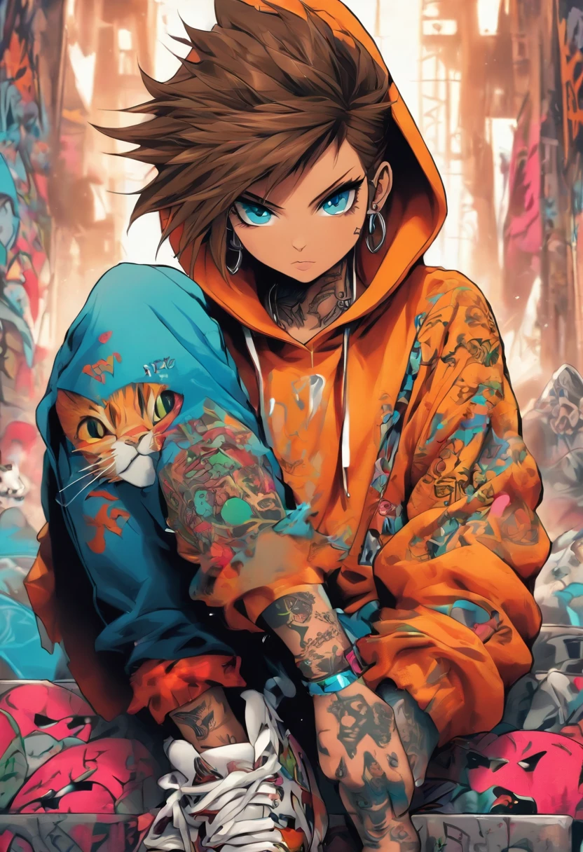 A cool and trendy cat, brown hair, blue eyes, wearing trendy hip hop clothing, wearing a hoodie, graphic t-shirt and torn jeans, tons of tattoos and piercings, graffiti style background, highly detailed background, perfect masterpiece, high quality, high resolution