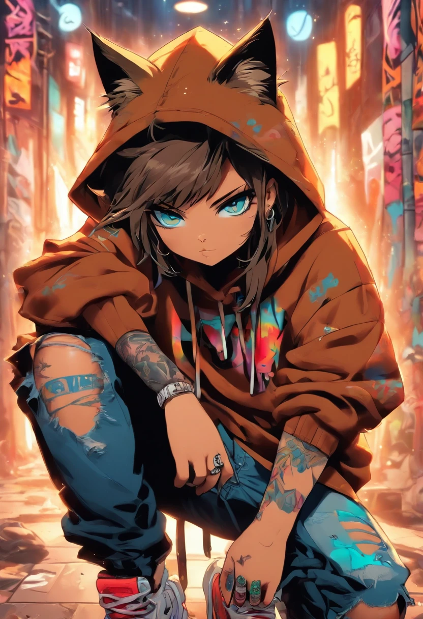 A cool and trendy cat, brown hair, blue eyes, wearing trendy hip hop clothing, wearing a hoodie, graphic t-shirt and torn jeans, tons of tattoos and piercings, graffiti style background, highly detailed background, perfect masterpiece, high quality, high resolution