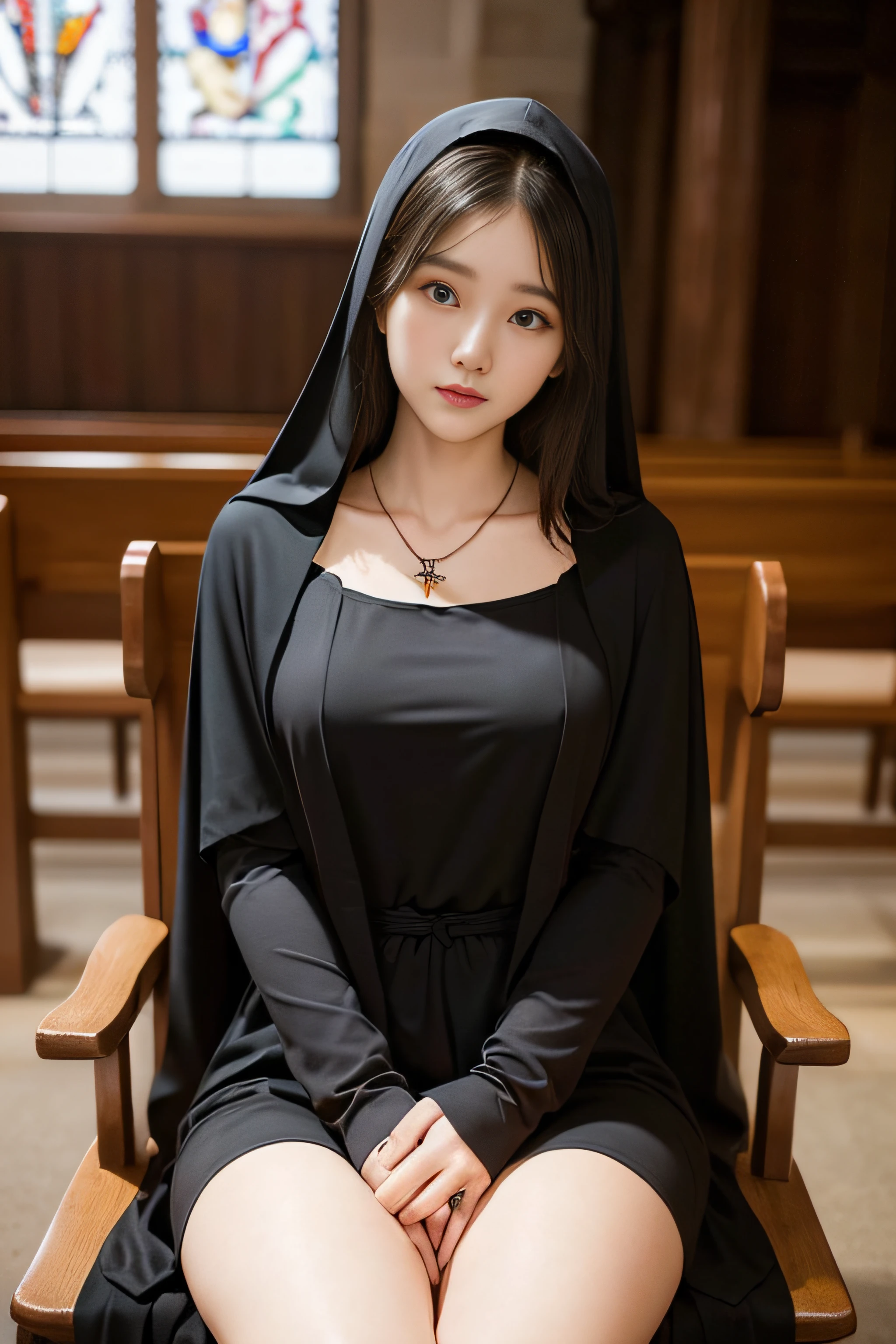 1womanl、25-years old、Cultivated woman、(ultra beautiful faces:1.5)、(Black monastic vestments:1.1)、Sit on a chair in the chapel and open your crotch、(The body is facing this way:1.3)、(spread legs to the sides:1.1)、Pulls up her skirt to show her panties、(White panty:1.2)、Cross Necklace、Church Chapel、(At SFW)