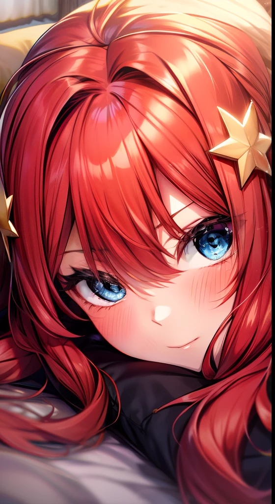 itsuki nakano, red hair, long hair, blue eyes, star hair ornament, blushing, laying on the bed