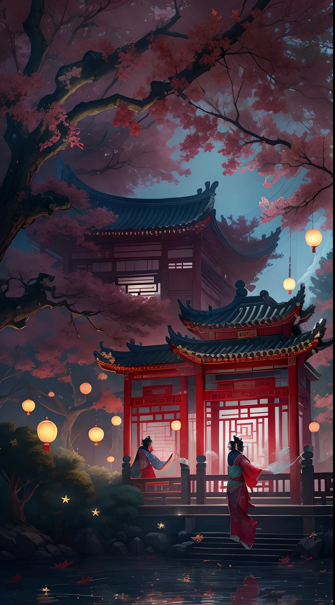 (Ancient Chinese beauties dancing:1.5),Surreal CG rendering Ancient China,Jiangnan old buildings and ancient cities have Yaolin Wonderland。a noite,a lua enorme:1.5,The stars are bright,The smoke is fascinating,Maple leaves and milk leaves are trees。paisagem de neve。K HD |