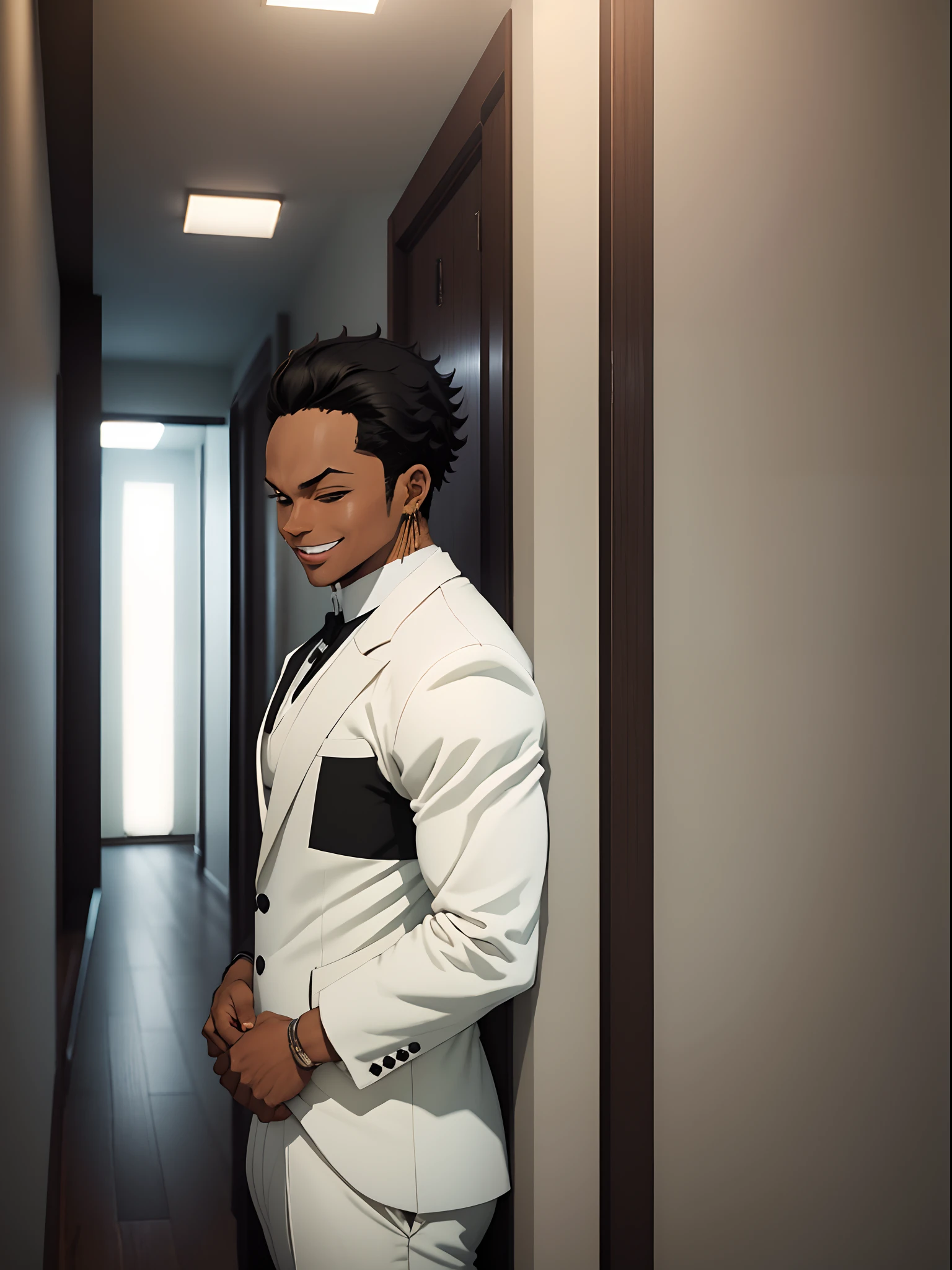black young guy, white suit, zoro hairstyle, black hair, lindo, stylish pose, hiding, hiding , walls, party, hiding in the walls, smile
