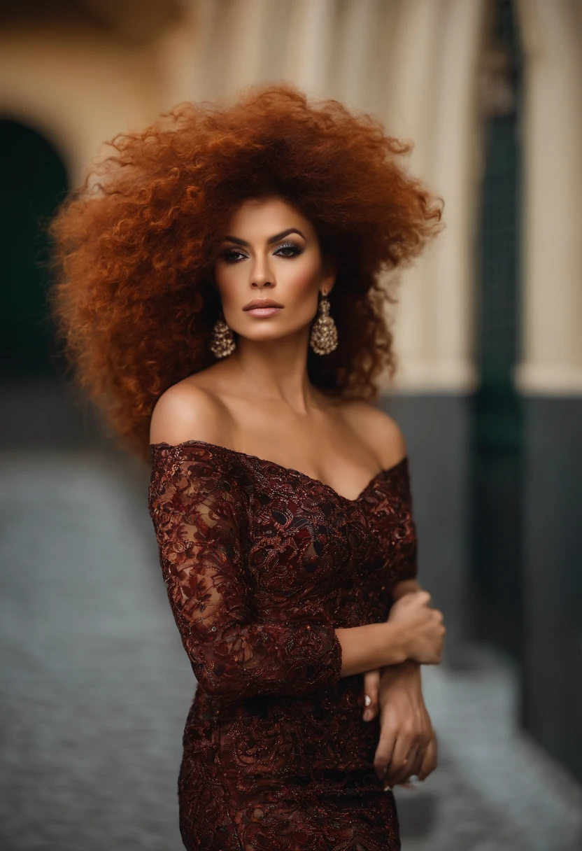 Mulher ruiva linda , usando um lindo vestido preto simples , serious face big hair ,