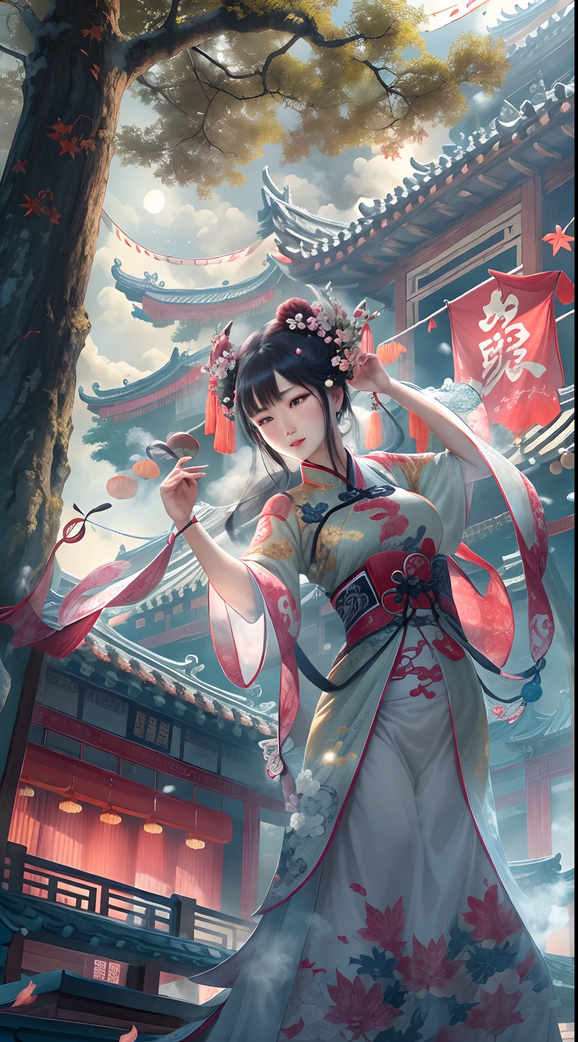 (Ancient Chinese beauties dancing:1.5),Surreal CG rendering Ancient China,Jiangnan old buildings and ancient cities have Yaolin Wonderland。a noite,a lua enorme:1.5,The stars are bright,The smoke is fascinating,Maple leaves and milk leaves are trees。paisagem de neve。K HD |