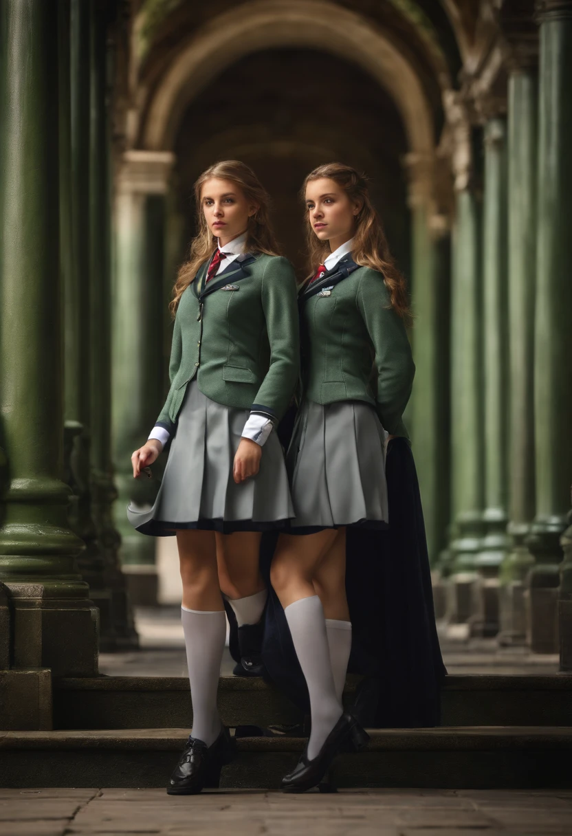 (Masterpiece), (Best Quality), (2 Girl), Girl in Royal Detective England School Uniform , Cool Pose, school Background,between the background pillars ,Hair Color Green , Long Hair,