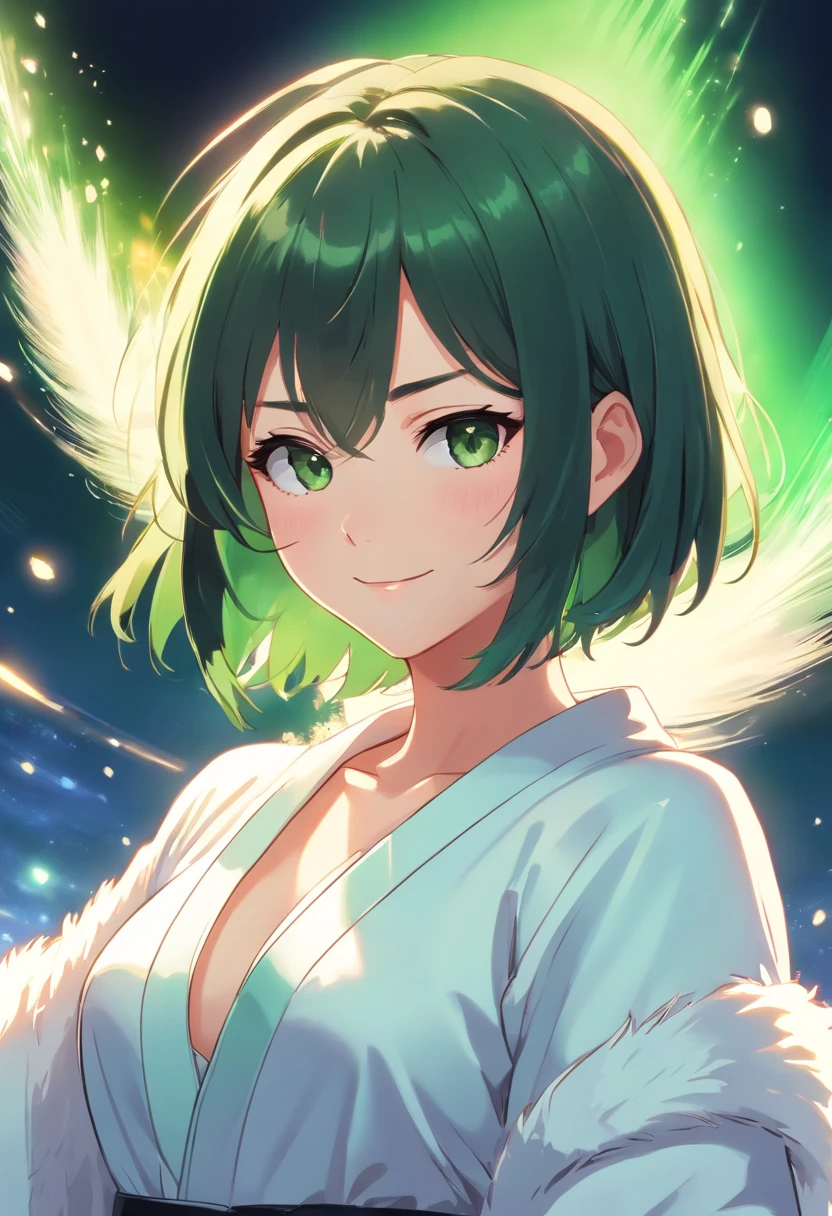 female with green fringe style bob haircut, wearing white fur lined robe, wearing v-neck black dress with high collar, wearing pearl necklaces, dominant pose, seductive smile, alone, solo, alone, (SOLO)(ALONE)