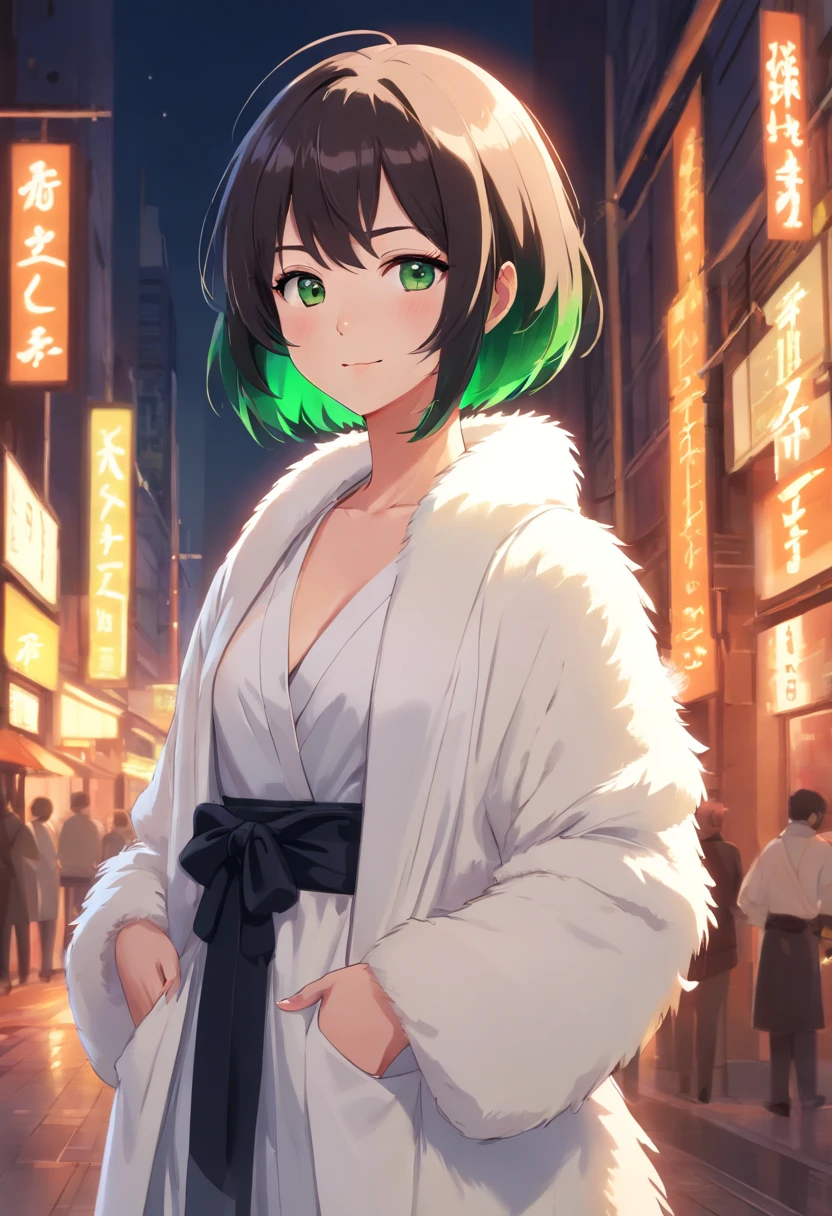 female with green fringe style bob haircut, wearing white fur lined robe, wearing v-neck black dress with high collar, wearing pearl necklaces, dominant pose, seductive smile, alone, solo, alone, (SOLO)(ALONE)