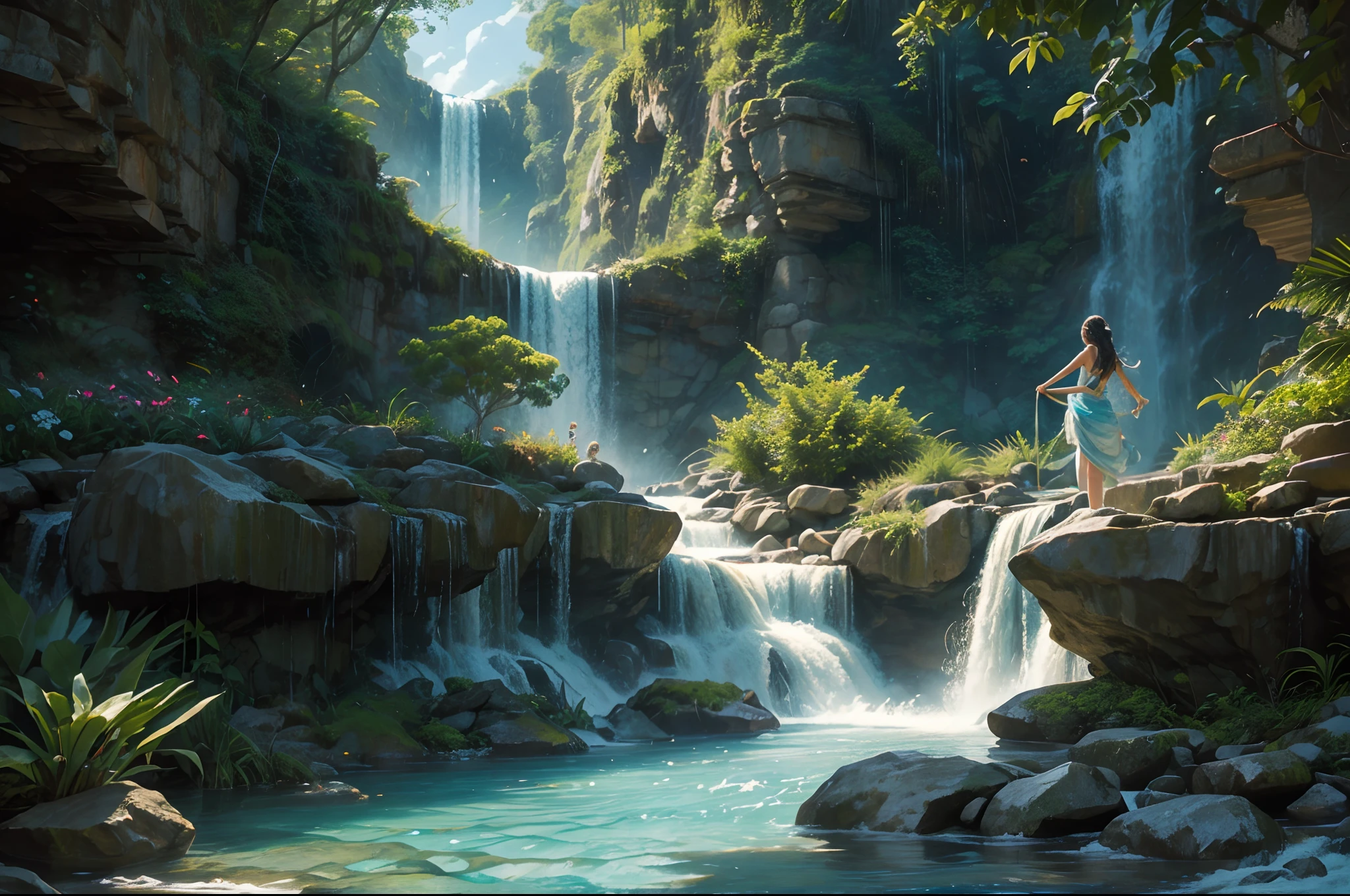 A beautiful woman bathing in the The Garden of Eden, realistic hdr, fantasy ,vibrant colors, lots of trees ,waterfall, unreal engine,matte painting,Hyper realistic,photo realistic alchemy