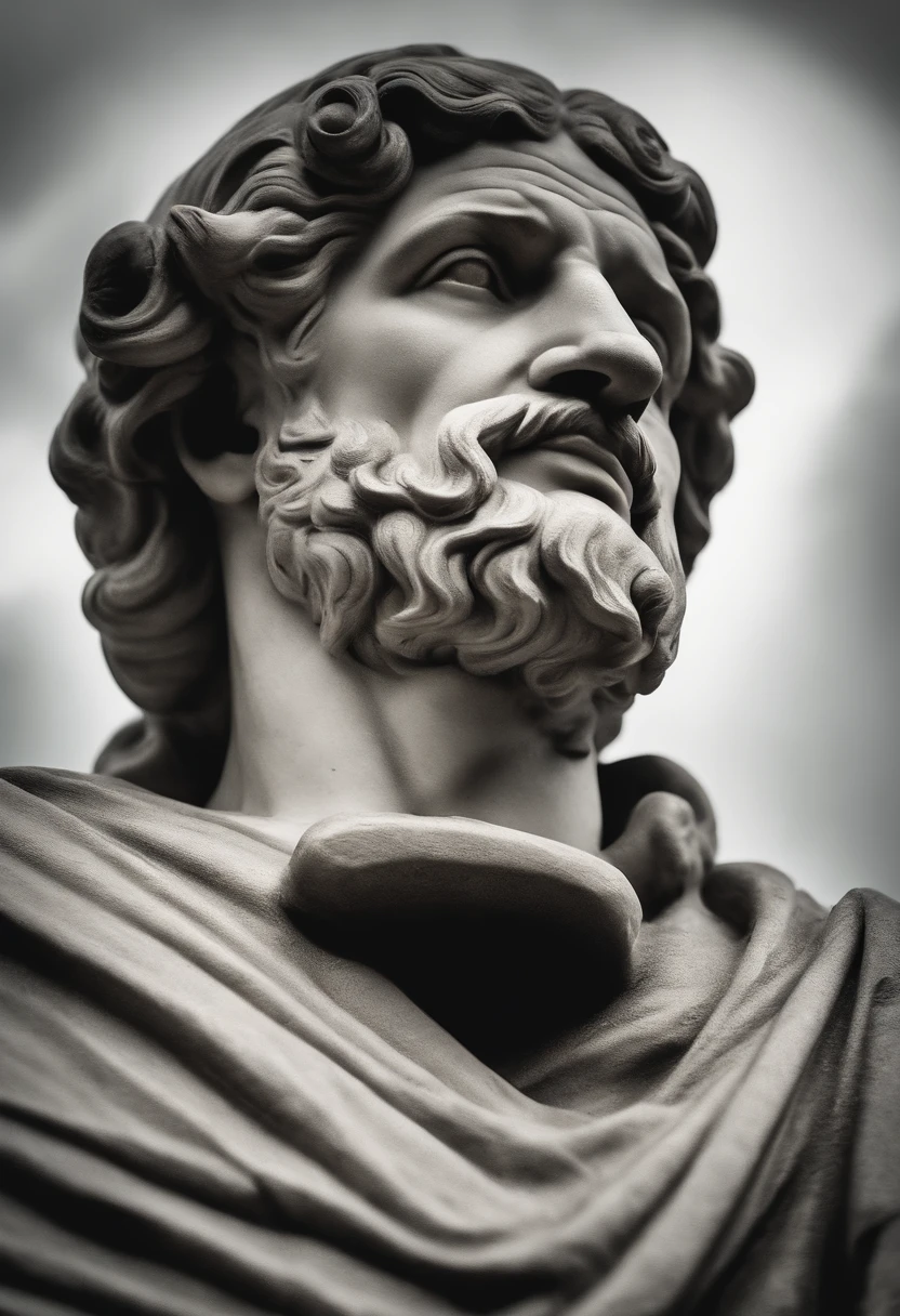 A realistic Greek white marble statue of thoughtful brave Aristotle detailed wearing a ghostly toga, fundo neutro, Moody, , fotorrealista, thoughtful movie dinner, super detalhada, hiper realista, luzes brilhantes, 8 K