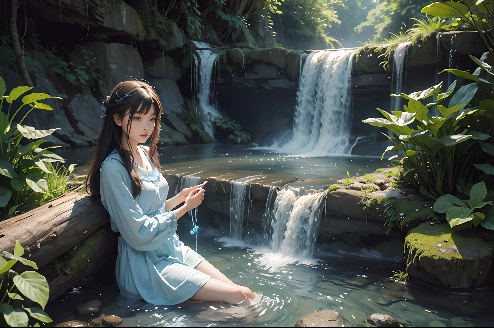 There is a woman sitting on a log in the water - SeaArt AI