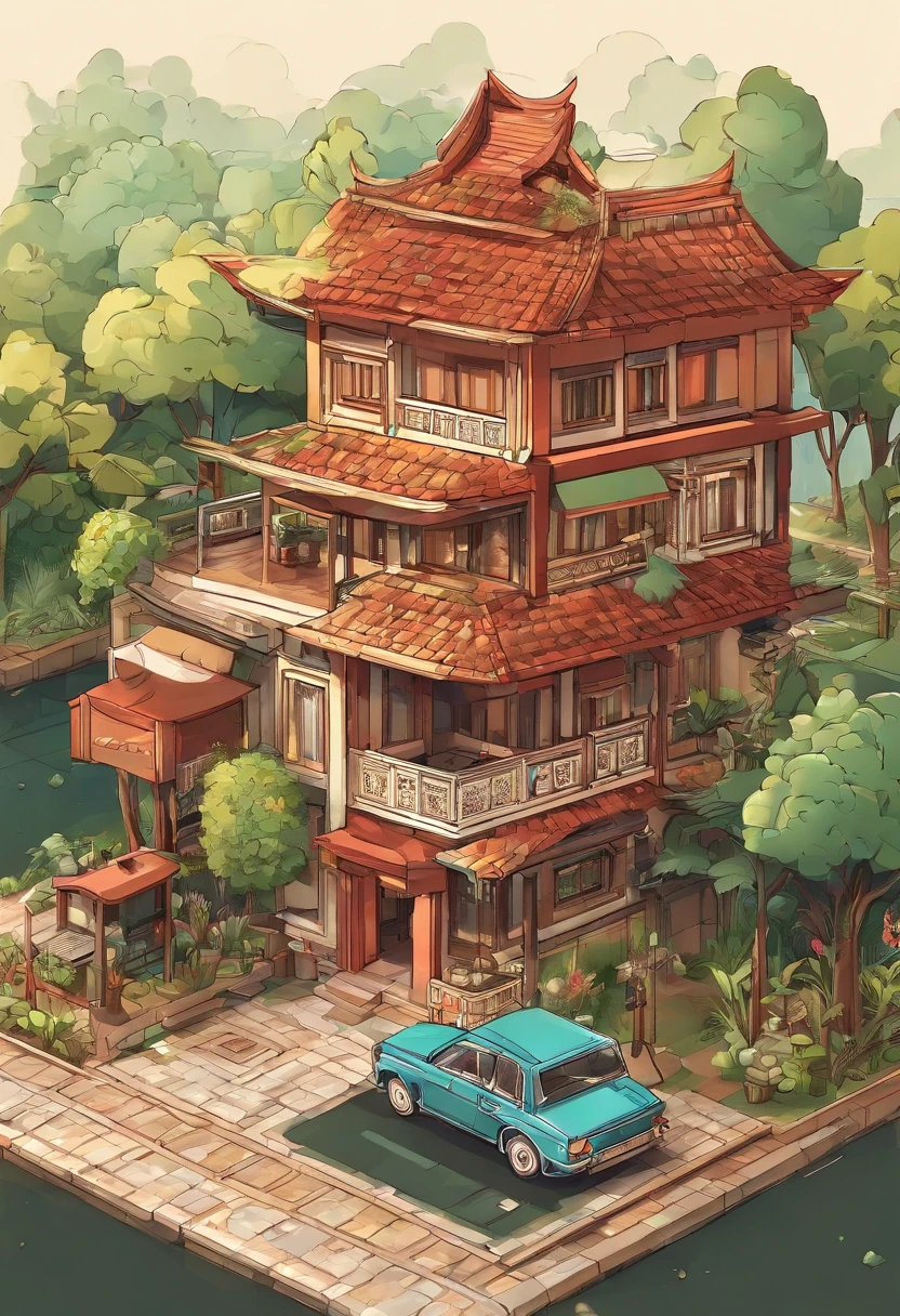 indonesian house woth a tree and a car