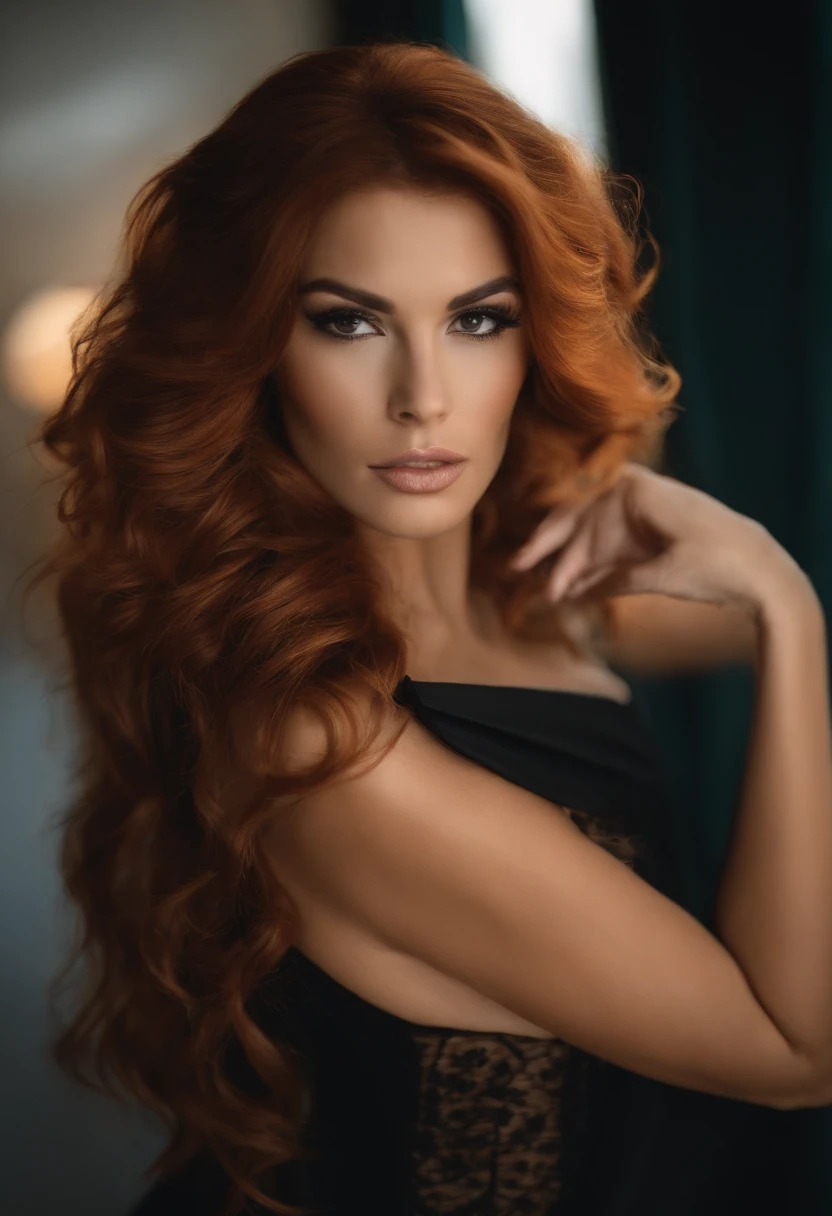 photo of megan fox, beautiful woman hair upsweep, red head, (full body:1.3), sexy figure, (big boobs:1.3), (laced stockings),(masterpiece) (best quality) (detailed) (8k) (HDR) (wallpaper) (cinematic lighting) (sharp focus) (intricate)