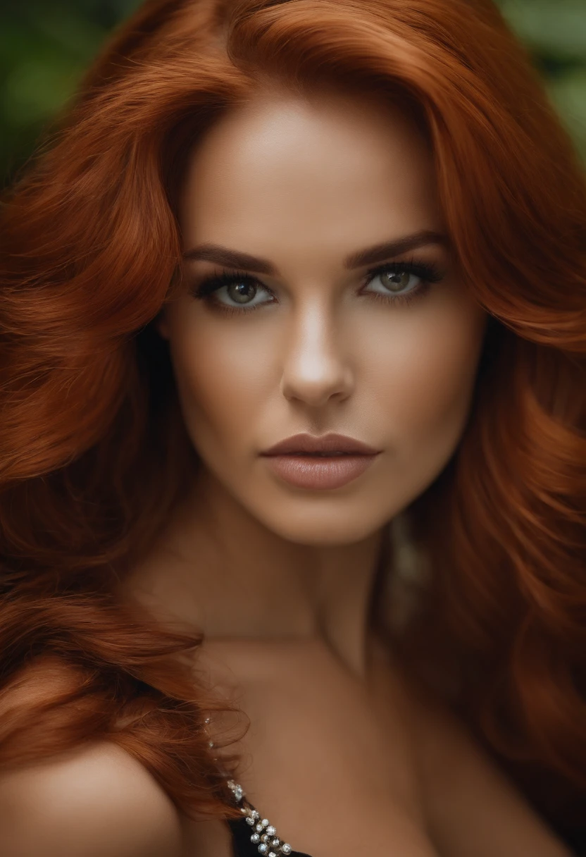 mulher ruiva linda , usando um lindo vestido preto simples , serious guy, cabelo liso