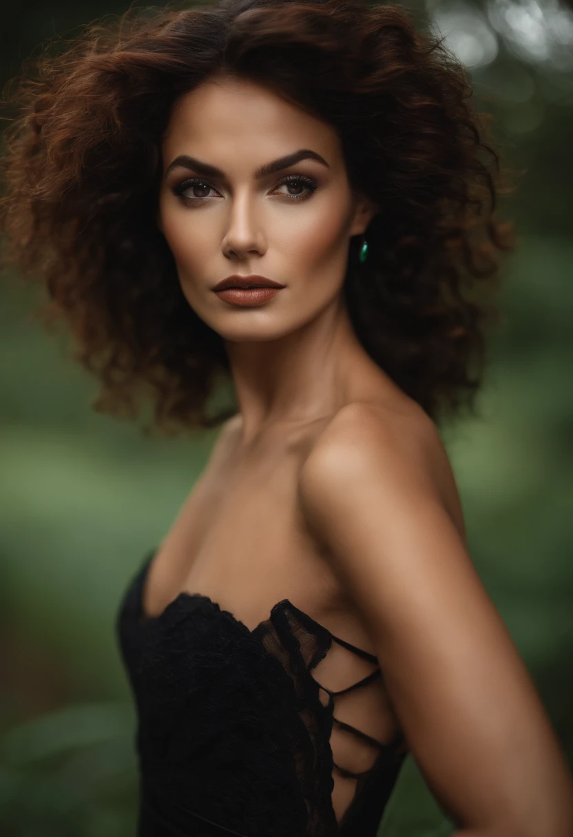 mulher ruiva linda , usando um lindo vestido preto simples , serious guy, cabelo liso