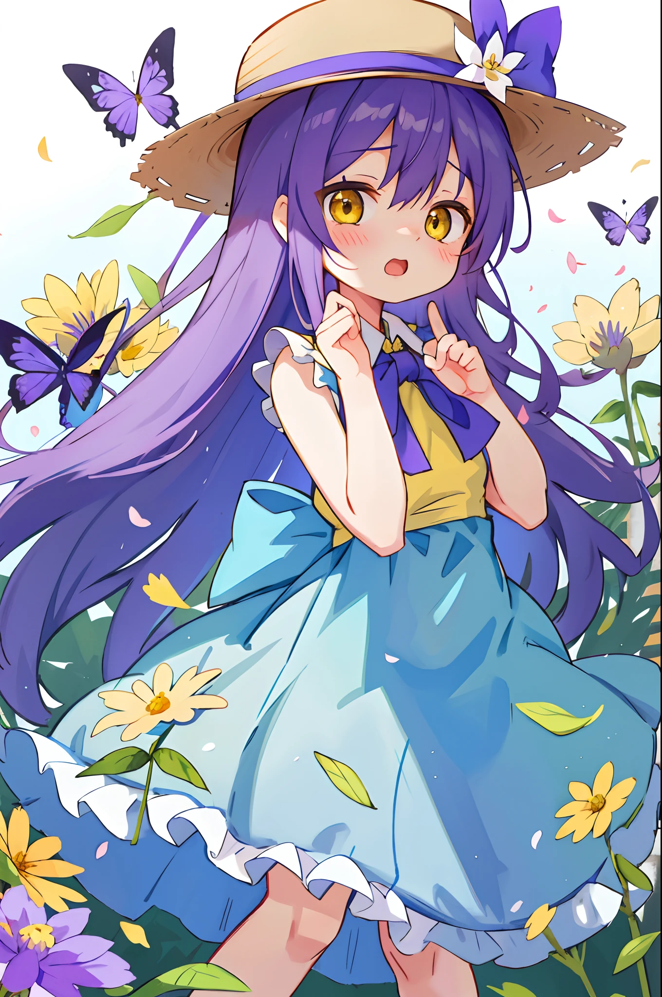 女の子1人、blue ribbons、鎖骨、florals、Hats、Windy, That's why I'm wearing a hat、Yawning face、Longer dress、length hair、purple color hair、bow ribbon、Sleeveless、a straw fedora hat、Eye Up、yellow eyes、yellow flower、There is a flower in the foreground、Petals are fluttering、butterflys々is flying、kawaii pose