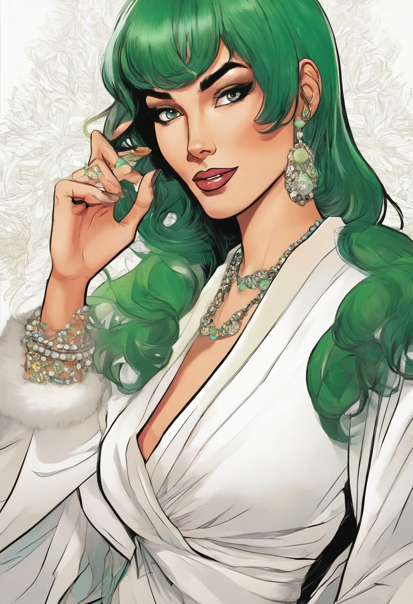 female with green fringe style bob haircut, wearing white fur lined robe, wearing v-neck black dress with high collar, wearing pearl necklaces, dominant pose, seductive smile, alone, solo, alone, (SOLO)(ALONE)