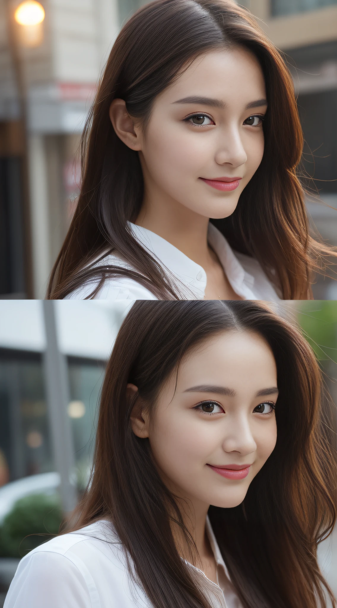 ((Day, Best Quality, 8K, Realistic)), Perfect body beauty: 1.4, Slender abs: 1.2, ((Long dark brown hairstyle: 1.1, Medium Breasts: 1.2)), (White long shirt: 1.1, Black long outerwear: 1.1, Standing: 1.2), (Outdoor, Rain: 1.1, Streets background, Day light view: 1.1), (Wet hair: 1.1), Highly detailed face and skin texture, detailed eyes, double eyelids, seductive smile, full body camera view, selfie camera view, (Face looking at the camera, Holding the camera: 1.2, Selfie: 1.2)