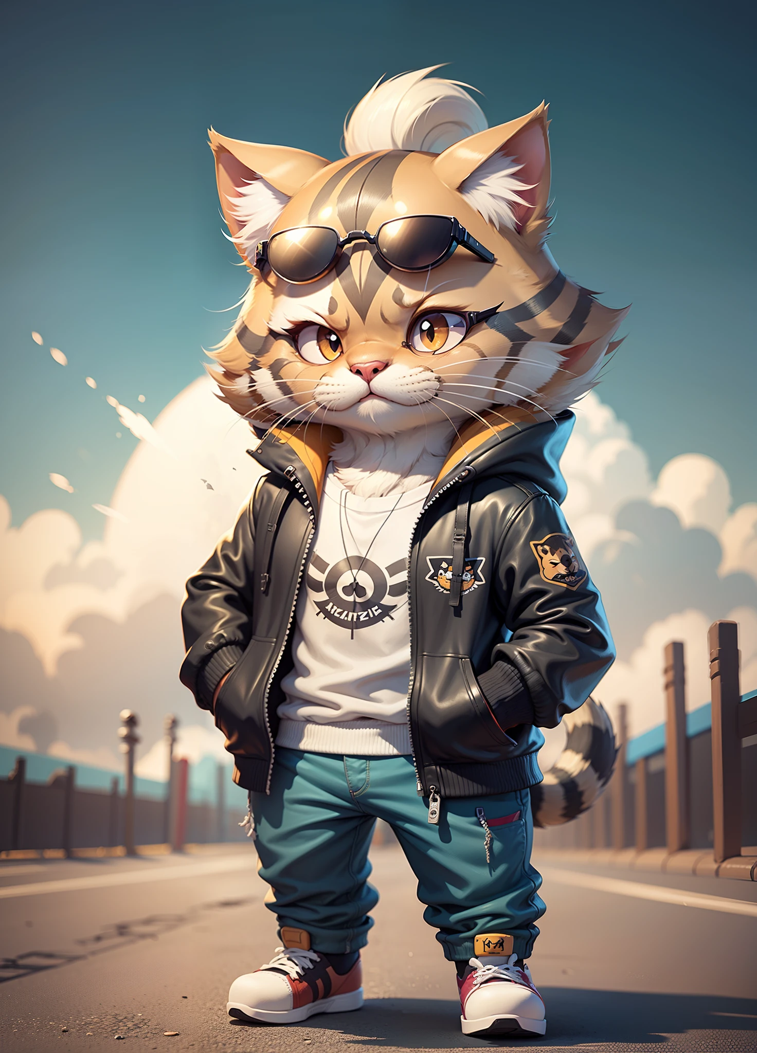 c4tt4stic, Gato cinza dos desenhos animados Kizitra na jaqueta e no skate, sun glasses,