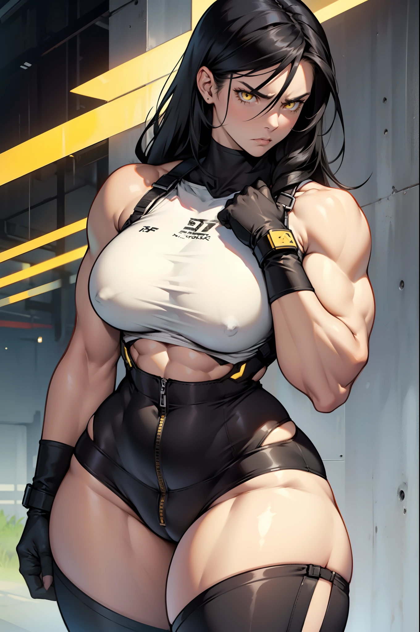 (((muscular))) 1 girl thick thighs thin waist big breasts pale skin black hair long hair yellow eyes toned body angry curvy wide hips