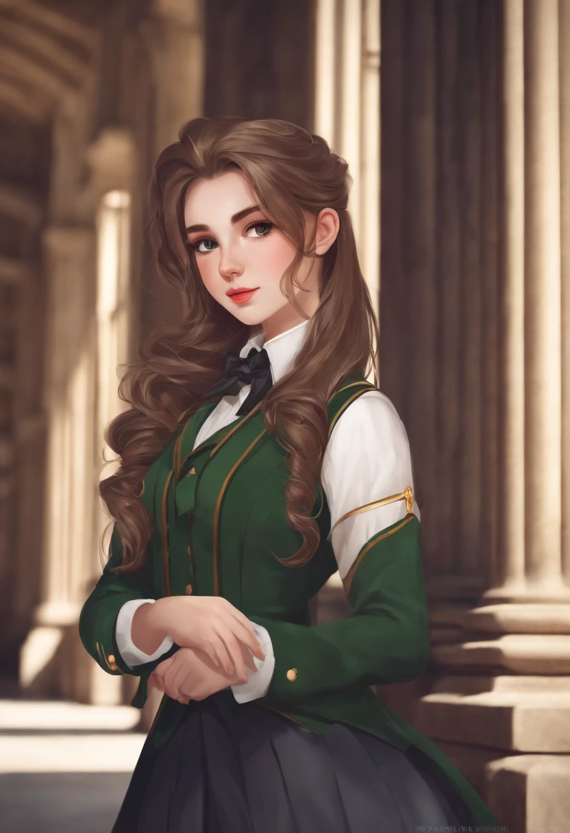 (Masterpiece), (Best Quality), (1 Girl), Girl in Royal Detective England School Uniform , Cool Pose, school Background,between the background pillars , Long Hair, Color Hair Green