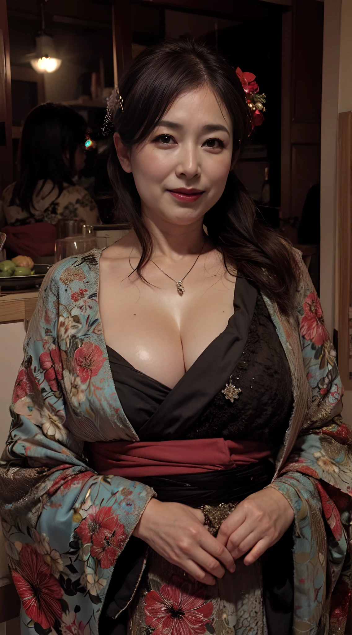 In the Tokyo night,55yo,massive breasts, kimono, open kimono, flashing viewer, looking at viewer, licking lips, massive cleavage