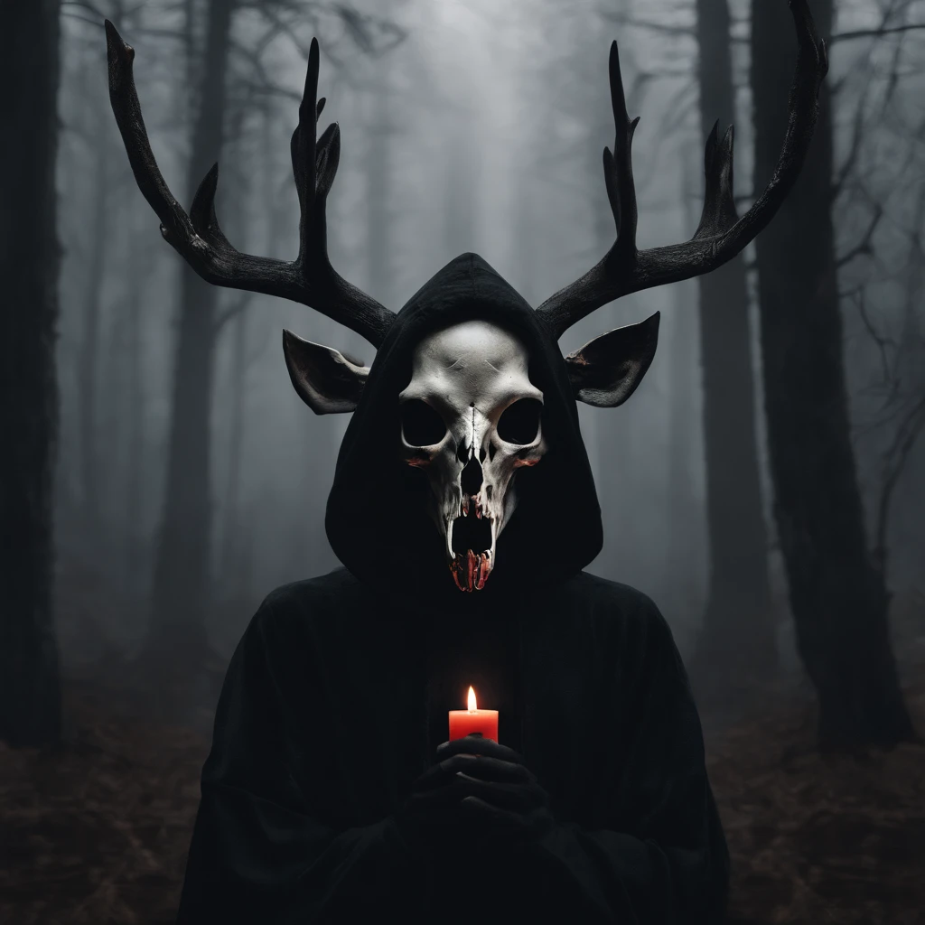 (a person wearing a black hooded robe and a satanic deer skull,a wax candle),(best quality,highres,gloomy,horror,satanic,dark color scheme),dimly lit background,gloomy atmosphere,flickering candle light,creepy vibes,detailed robe texture,dark and mysterious,haunting shadows,spooky aura,sinister expression in the eyes,subtle glow on the candle flame, cinematic camera angle, photo realistic, clear deer skull, highred deer skull, upside down cross on forehead, satanic cross in forehead, blood on deer skull, dark color scheme, satanic crosses in background, satanic cross, satanic alter, satanic crosses, upside down crosses, dark foggy pine forest background