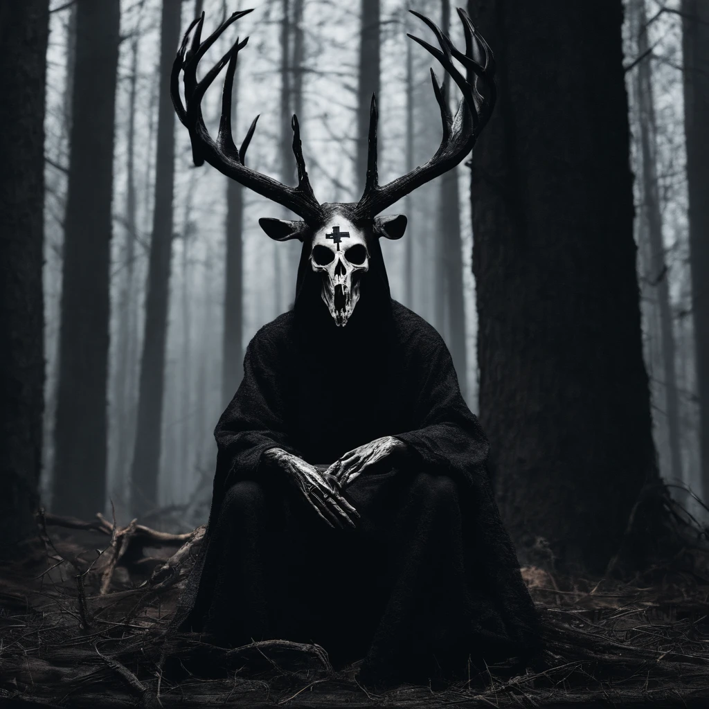 (a person wearing a black hooded robe and a satanic deer skull,a wax candle),(best quality,highres,gloomy,horror,satanic,dark color scheme),dimly lit background,gloomy atmosphere,flickering candle light,creepy vibes,detailed robe texture,dark and mysterious,haunting shadows,spooky aura,sinister expression in the eyes,subtle glow on the candle flame, cinematic camera angle, photo realistic, clear deer skull, highred deer skull, upside down cross on forehead, satanic cross in forehead, blood on deer skull, dark color scheme, satanic crosses in background, satanic cross, satanic alter, satanic crosses, upside down crosses, dark foggy pine forest background