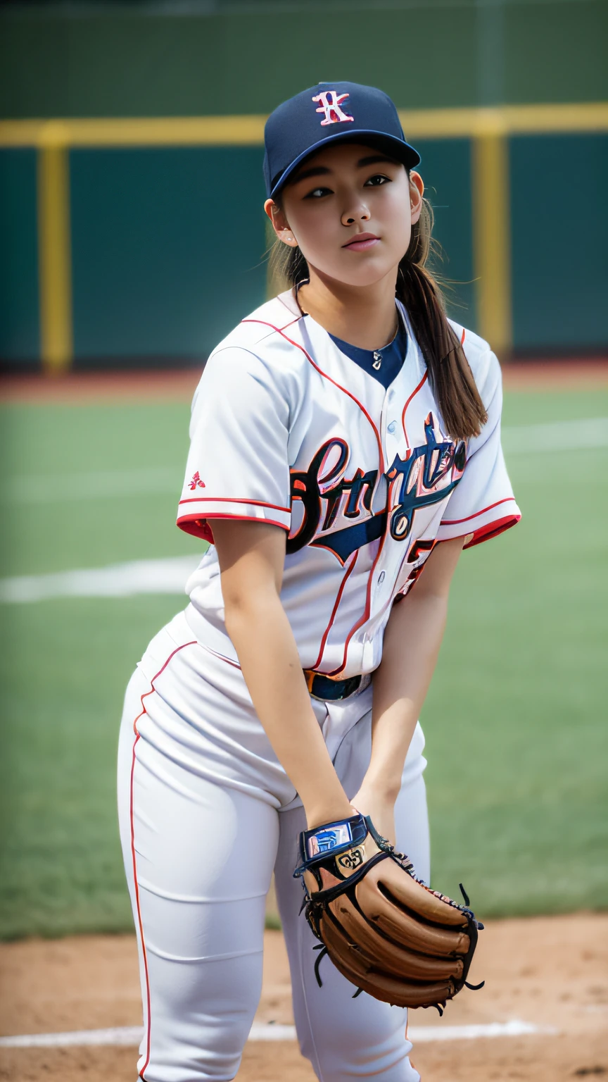 (top-quality, 32K, masterpiece, nffsw:1.2), (Raw photography), (realisitic), (Photorealsitic:1.2), (hight resolution), Women in Japan、18year old,Idol、 ultra-detailliert, extremely beautiful face and eyes, 1girl in, (Playing Baseball:1.5), infp young woman, Idol, big breasts thin waist, huge-breasted, slim proportions, (Baseball Uniforms), (perspiring、Fluttering hair), baseball field,during the day、gravure、、
