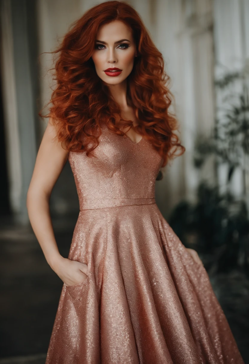 Beautiful sexy cool tall, atleica, Fit woman, wearing an elegant short red sequin dress, elaborate and very detailed, deep neckline, long red hair, curly, deep neckline, Large and firm breasts
