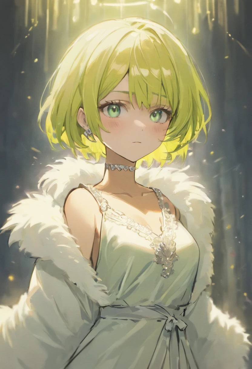 female with green fringe style bob haircut, wearing white fur lined robe, wearing v-neck black dress with high collar, wearing pearl necklaces, dominant pose, seductive smile, alone, solo, alone, (SOLO)(ALONE)