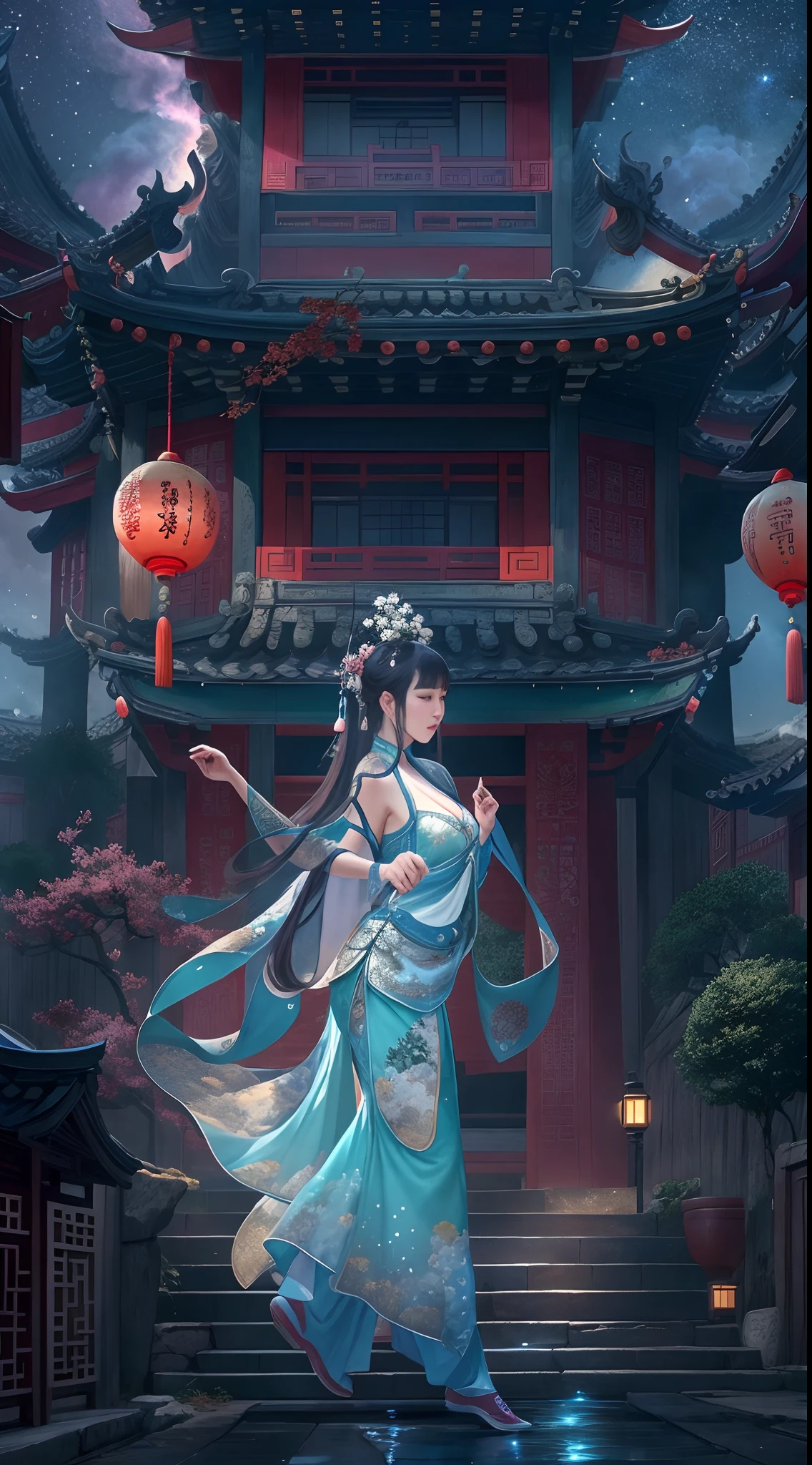 (Ancient Chinese beauties dancing:1.2),Surreal CG rendering Ancient China,Jiangnan old buildings and ancient cities have Yaolin Wonderland。a noite,a lua enorme:1.5,The stars are bright,The smoke is fascinating,Maple leaves and milk leaves are trees。paisagem de neve。K HD |
