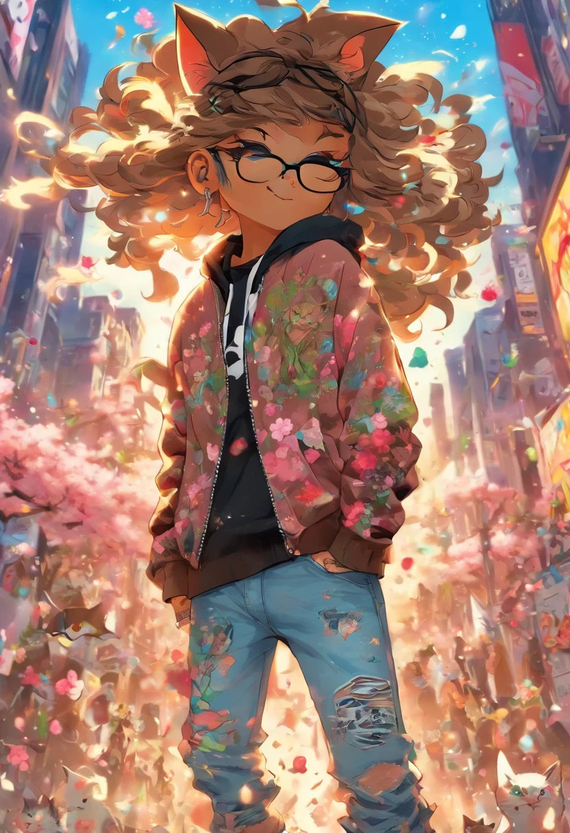 A cool and trendy cat, brown hair, blue eyes, wearing trendy hip hop clothing, wearing stylish glasses, a hoodie, graphic t-shirt and torn jeans, tons of tattoos and piercings, graffiti style background, cherry blossoms blowing in the wind, highly detailed background, perfect masterpiece, high quality, high resolution