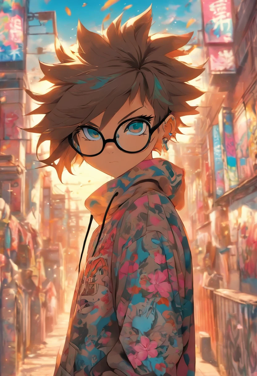 A cool and trendy cat, brown hair, blue eyes, wearing trendy hip hop clothing, wearing stylish glasses, a hoodie, graphic t-shirt and torn jeans, tons of tattoos and piercings, graffiti style background, cherry blossoms blowing in the wind, highly detailed background, perfect masterpiece, high quality, high resolution