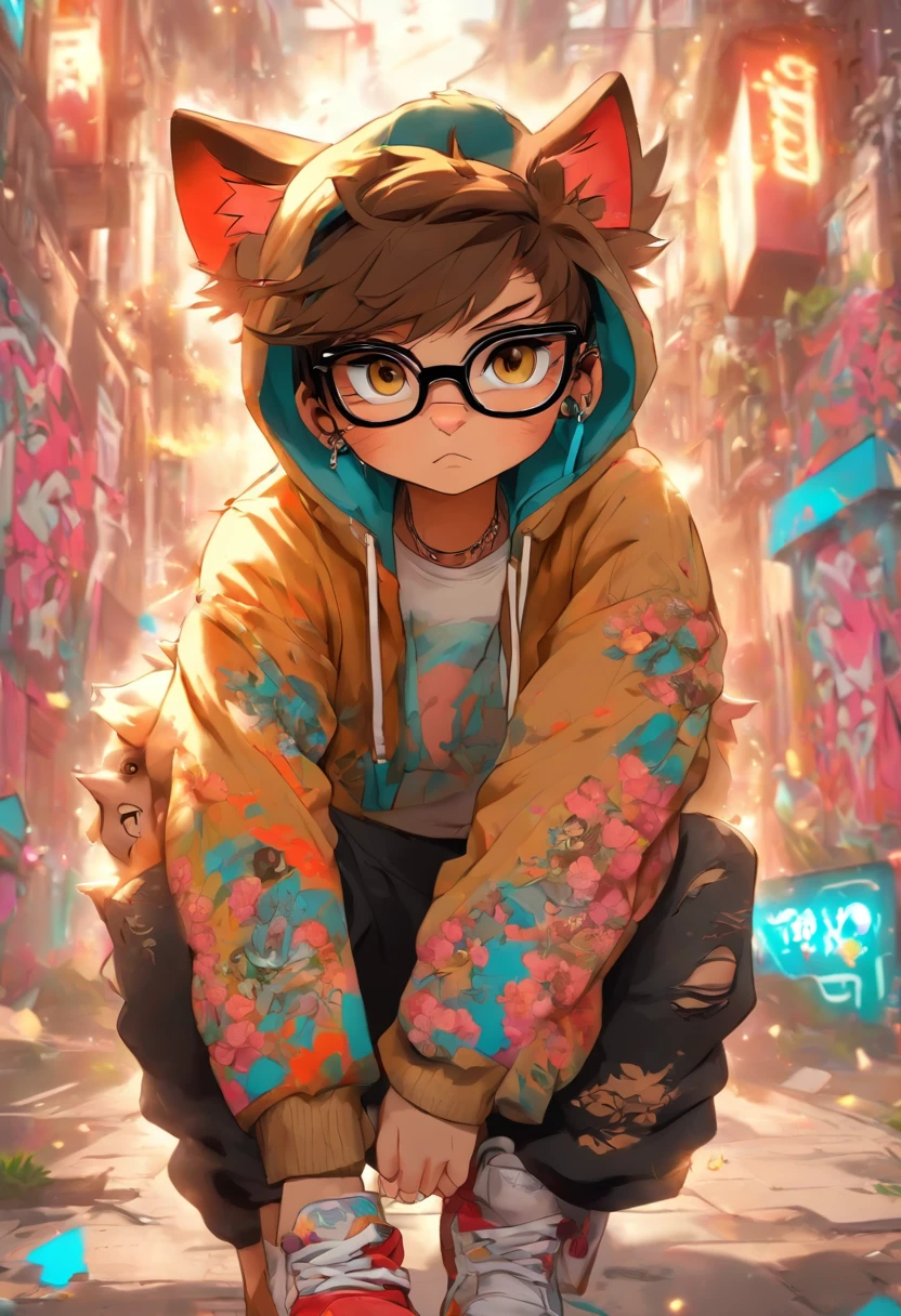 A cool and trendy cat, brown hair, blue eyes, wearing trendy hip hop clothing, wearing stylish glasses, a hoodie, graphic t-shirt and torn jeans, tons of tattoos and piercings, graffiti style background, cherry blossoms blowing in the wind, highly detailed background, perfect masterpiece, high quality, high resolution