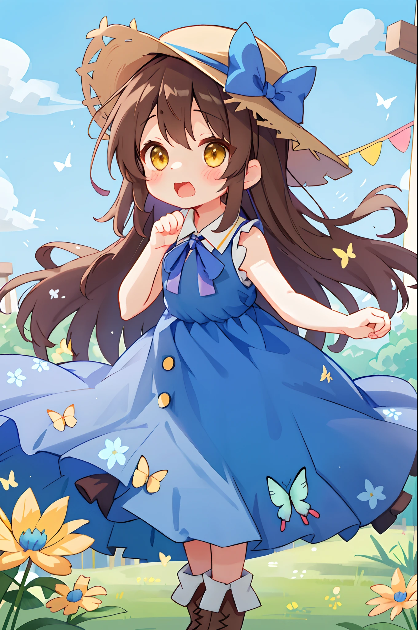 女の子1人、blue ribbons、florals、Hats、Windy, That's why I'm wearing a hat、Yawning face、Longer dress、length hair、brown haired、bow ribbon、Sleeveless、a straw fedora hat、Eye Up、yellow eyes、Urban Park、butterflys々is flying、kawaii pose、I'm wearing cute boots