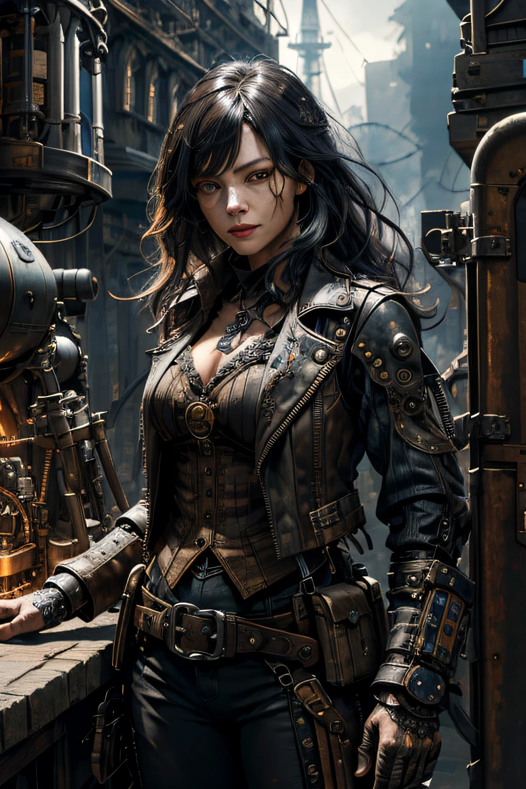 (absurdres, highres, ultra detailed), 1woman, mature female, aged up, wavy long hair, split-color hair, heterochromia, bangs, long sleeves, finely detailed eyes and detailed face, extremely detailed CG unity 8k wallpaper, intricate details, (style-rustmagic:0.8), (medieval cyborg:0.8), portrait, (bloody wounds:0.7), looking at viewer, solo, half shot, detailed background, (steampunk theme:1.1) determined expression, dark couds technomancer, floating lights, color leather vest with gears, techwear, jetpack, workshop in background, machines, gears, steam, industry, technology, furnace, grime, anvil, buttons, levers, automaton, electricity, electric sparks epic atmosphere,, portrait