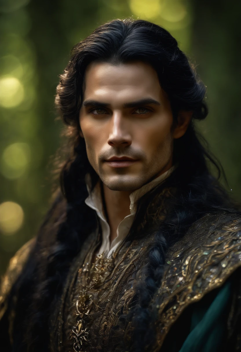 ((one man)), Fantasy portrait of a man in mithorogic costume, ((long sleaves)), with mysterious colored eyes and loose braided black hair, magical, beautiful, enchanting, photorealism, midshot, ((deep forest)), (((sparkle particles in the air))), ((fantasy art)), fireflys,