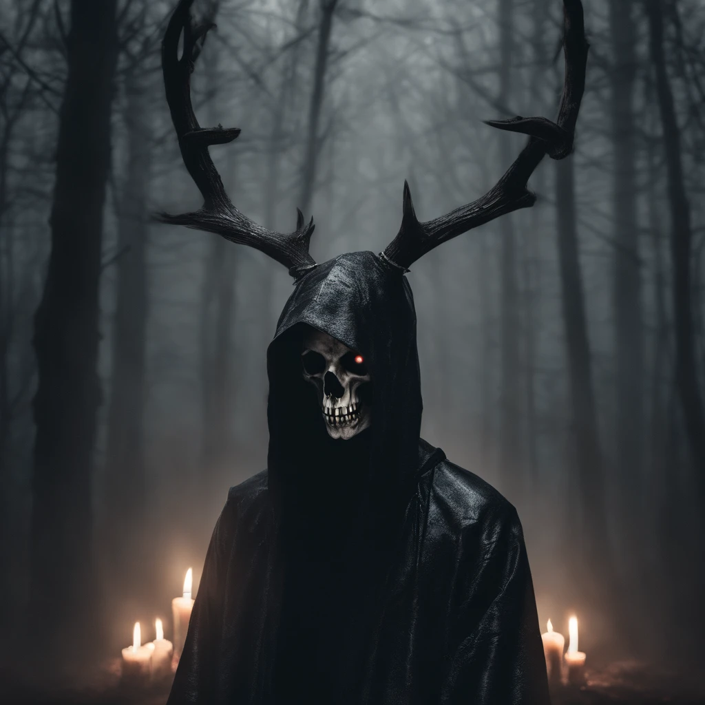 (a person wearing a black hooded robe and a satanic deer skull,a wax candle),(best quality,highres,gloomy,horror,satanic,dark color scheme),dimly lit background,gloomy atmosphere,flickering candle light,creepy vibes,detailed robe texture,dark and mysterious,haunting shadows,spooky aura,sinister expression in the eyes,subtle glow on the candle flame, cinematic camera angle, photo realistic, clear deer skull, highred deer skull, upside down cross on forehead, satanic cross in forehead, upside down cross engraved in forehead, blood on deer skull, dark color scheme, satanic crosses in background, satanic cross, satanic alter, satanic crosses, upside down crosses, dark foggy pine forest background